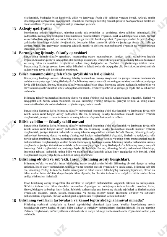 o'ziga xos sifatlariga hursand bo'lishi demakdir. qadriyatli inson, o'zining insoniyatga, adolatga, hurmatga, mehribonlikka, ijodkorlikka, fikr va ma'rifiy erkinlikka qadr beruvchi shaxsdir. bu tushuncha jamiyatning barcha ahvol va fazilatlari uchun muhimdir, chunki qadriyatli insonlar va ularning qadriyatli tajribalari jamiyatning rivojlanishida va barqarorligida aham rol o'ynaydi. qadrsizlanish esa, inson yoki narsaning qiymati, hurmati va e'tibori olmaganligini anglatadi. bu esa jamiyatning o'zaro munosabatlari, insonga hurmat ko'rsatish va ma'naviy-ma'rifiy boyliklarni saqlashda muhim ahamiyatga ega. 6.«dunyoqarash» tushunchasi, uning mohiyati va tarixiy shakllari. dunyoqarash tushunchasi, insonning o'zining dunyoqarash, yoki dunyoqarashga oid fikr va tushunchalarini ifodalovchi bir mamlakat yoki jamiyatning barcha ahvoli va fazilatlari uchun muhimdir. bu tushuncha, insonning dunyo bilan bog'liq ma'naviyatini, uning dunyoqarash bilan bog'liq tushunchalarini, fikrlarini, qadriyatlarini va boshqa o'ziga xos sifatlarini ifodalaydi. dunyoqarash tushunchasi tarixiy ravishda ham muhim ahamiyatga ega bo'lib, insonning o'zining dunyo bilan bog'liq tushunchalarini ifodalovchi adabiyot, san'at va madaniyatning o'zgarmas qismi bo'lib kelib, jamiyatning rivojlanishida va barqarorligida aham rol o'ynaydi. …