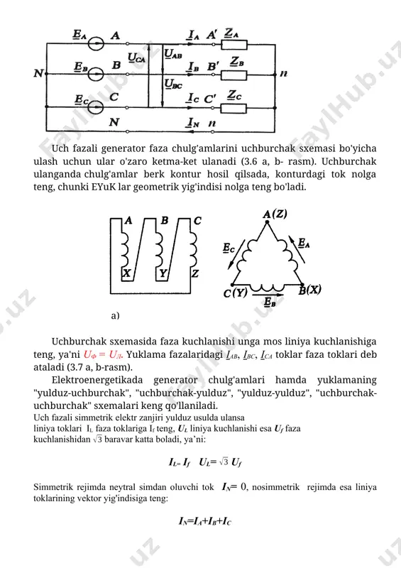 urchak-yulduz", "yulduz-yulduz", "uchburchak-uchburchak" sxemalari keng qo'llaniladi. uch fazali simmetrik elektr zanjiri yulduz usulda ulansa liniya toklari il faza toklariga if teng, ul liniya kuchlanishi esa uf faza kuchlanishidan baravar katta boladi, ya’ni: il= if ul= uf simmetrik rejimda neytral simdan oluvchi tok in= 0, nosimmetrik rejimda esa liniya toklarining vektor yig'indisiga teng: in=ia+ib+ic 1. liniya kuchlanishi 380 v bo‘lgan uch fazali tarmoqqa simmetrik yuklama yulduz usulda ulangan. agar bir fazaning aktiv qarshiligi 5 om va induktiv qarshiligi 2 om bo'lsa, yuklamaning tok va kuchlanishlari hisoblansin. 2. uch fazah yuklama yulduz usulda ulangan, induktivliklari l1=l2= l3= 11 mgn bo‘lgan uchta g'altakdan iborat. agar faza toklari 5 a vachastotasi 400 gs bo‘lsa, yuklamaning faza va liniya kuchlanishlari aniqlansin. g‘altaklaming aktiv qarshiligi hisobga olinmasin. 3. uch fazali yuklama yulduz usulda ulangan sig‘imlari c1= c2= c3 == 50 mkf bo'lgan uchta kondensatordan iborat. agar liniya eyuk 380 v va chastota 50 gs bo‘lsa, tok …
