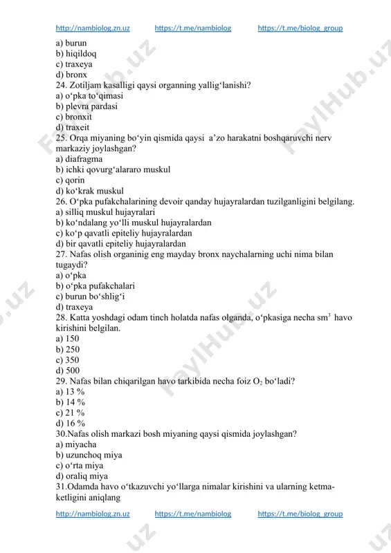 adi b) nafas olish sekinlashadi c) boʻgʻimlarda ogʻriq paydo boʻladi d) qonda azot gazi erigan holatda koʻpayadi 33. nafas olishni gumoral yo`l bilan boshqarishda ishtirok etuvchi birikmani aniqlang. a) karbonat angidrid b) lizotsim c) tiroksin d) vazopressin 34. hiqildoq shilliq pardasining yalligʻlanishi qanday ataladi? a) laringit b) faringit c) branxit d) traxeit 35. diafragama harakatini boshqaruvchi nerv markazi orqa miyaning qaysi qismida joylashgan? a) boʻyin b) koʻkrak c) bel d) dumgʻaza 36. qovurgʻalararo muskullar faoliyati boshqaruvchi nerv markazi markaziy nerv sistemasining qaysi qismida joylashgan? a) orqa miyaning koʻkrak sigmenti b) orqa miyaning boʻyin sigmenti c) uzunchoq miya d) oraliq miya 37. suniy nafas oldiradigan kishi … 1.tekis joyda chalqancha yotqiziladi 2.yelkasi ostiga yostiq qoʻyiladi 3.boshiga yostiq qoʻyiladi 4.har 4-5 sekunda bir marta, minutiga 12-15 marta ogʻziga puflanadi 5.har 3-4 sekunda bir marta, minutiga 17-18 marta ogʻziga puflanadi. a) 1,2,4 b) 1,2,3 c) 1,2,5 d) 3,4,1 38. qon va toʻqmalar oʻrtasida …