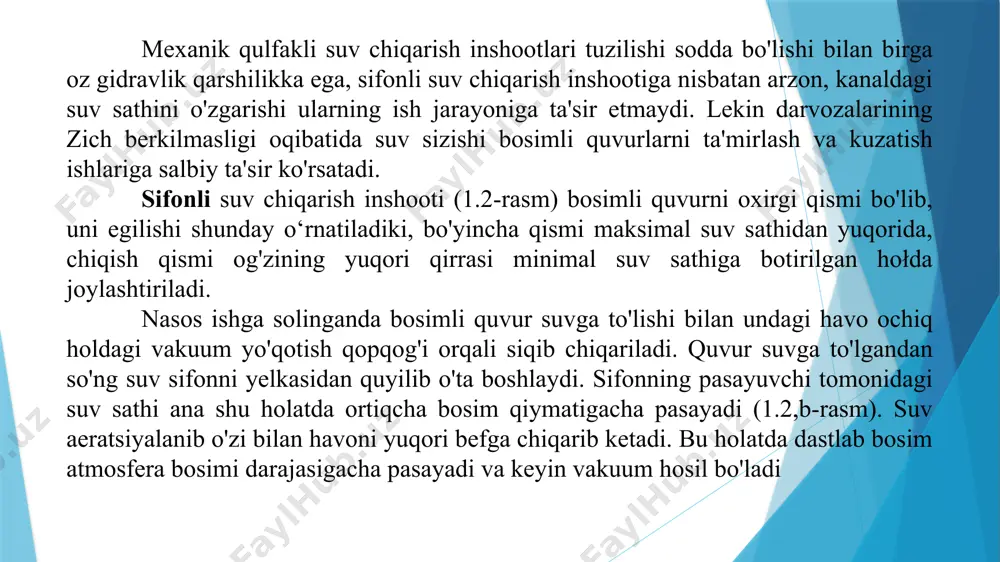 rnatiladi. (1.5-rasm). sifonli inshootlarda mexanik qulfaklarga zarurat bo'lmaydi, chunki sifonning yelka qismiga o'rnatiladigan qopqoq yordamida havo kiritilib, vakkum yo'qotiladi va oqimning teskari harakati to'xtatiladi. 1.5-rasm. sifonli suv chiqarish inshootining o'lchamlarini aniqlash tasviri. sifonni loyihalashda uning elementlarini quyidagicha qabul qilish tavsiya etiladi. 1) yuqoriga ko'tarilish tarmog'ining qiyalik burchagi (a1=30...45 gradus, pasayuvchi tarmog'ining qiyalik burchagi (a2=30...40 gradus 2) sifon bo'g'izining maksimal suv sathidan balandligi 3) sifon bo'g'izining burilish burchagi – 0-60 gradus va diffuzoming chiqishdagi kengayish burchagi 8...10 gradus, 5) havzaning umumiy eni: bu yerda: ddif -diffuzorning diametri; n- sifonlar soni; g- sifonlar orasidagi masofa (g=0,7-1,0 m qabul qilinadi). sifonli suv chiqarish inshootidan samarali foydalanish uning vakuum yo'qotish qopqog'ini ishonchli ishlashiga bog'liqdir. vakuum yo'qotish qopqog'i quyidagi talablarga javob berishi talab etiladi: -bosimli quvurdan suv uzatish to'xtaganda, sifonga hava kiritib, vakuumni to'la yo'qotishni ta'minlashi; -bosimli suv uzatilganda, vakuumni ushlab turish uchun yuqori darajadagi zichlangan bo'lishi; -avtomatik ravishda ishlashi. demak vakuum yo'qotish qopqog'i ham …
