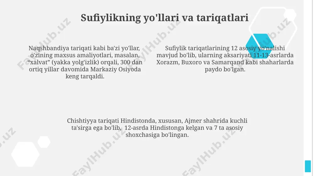 y tamoyillari sufiylikning asosiy tamoyillaridan biri, 7-asrda arabistonning hijoz mintaqasida paydo bo‘lgan tasavvufning 12 asosiy maktabi orqali 300 dan ortiq tarixiy shaxslar tomonidan rivojlantirilgan ichki poklanish va ollohga yaqinlashish yo‘llarini o‘z ichiga oladi. sufiylar, masalan, xorasan va buxoro kabi markaziy osiyo mintaqalarida, nafsni 4 bosqichda poklash orqali (nafsul-ammara, nafsul-lawwoma, nafsul-mulhima, nafsul-mutmainna) kamolga erishishga intiladilar. sufiylikning asosiy tamoyillaridan yana biri, quron va hadislardan 3 asosiy ma'nodagi (zahir, batin, sirr) talqinlar orqali insonda allohga muhabbat va uning 99 ta ismlarini anglashga qaratilgan ruhiy sayohatga asoslanadi. sufizmning tanqidchilari g'arbda ba'zi akademiklar sufizmning ba'zi an'analarini, masalan, ishq va vahdat tushunchalarini, psixologik jihatdan sharhlab, uning 19-asr oxiridan boshlab g'arbiy madaniyatga ta'sirini cheklangan deb baholashadi. 20-asrda ba'zi kommunistik rejimlar, jumladan sovet ittifoqi va xitoyda, sufizm diniy ekstremizm sifatida ta'qib qilinib, minglab tasavvuf markazlari yopildi va ko'plab sufiylar qatl etildi yoki surgunga yuborildi. ba'zi salafist olimlar, xususan 18-asr saudi arabistondagi vahhobiy harakati vakillari, sufizmni bid'at deb hisoblab, …