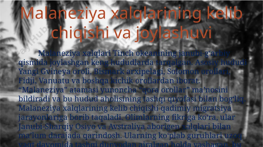 ham malaneziya xalqlarining boy madaniy merosi o‘z qadrini saqlab qolmoqda. 6 malaneziya xalqlarining xo‘jaligi va zamonaviy rivojlanishi malaneziya xalqlarining xo‘jaligi asosan tabiiy sharoitga bog‘liq bo‘lgan. ular qadimdan dehqonchilik, baliqchilik va ovchilik bilan shug‘ullanganlar. yangi gvineya va boshqa orollarda yam, taro, shirin kartoshka kabi mahsulotlar asosiy oziq-ovqat manbai bo‘lgan. baliqchilik esa orollarda yashovchi xalqlar hayotining ajralmas qismi hisoblangan. ular qayiq yasash va dengizda suzish san’atida katta tajribaga ega bo‘lgan. bundan tashqari, malaneziya xalqlari turli hunarmandchilik turlari bilan ham shug‘ullangan. ayniqsa, savdo-sotiqda qimmatbaho toshlar, chig‘anoqlar va yog‘och buyumlari muhim o‘rin tutgan. bu xo‘jalik faoliyati ularning iqtisodiy hayotini barqarorlashtirgan. 7 mustamlakachilik davridan boshlab malaneziya xalqlari hayotida katta o‘zgarishlar yuz berdi. yevropaliklar bu hududlarga kirib kelishi natijasida an’anaviy xo‘jalik tizimi o‘zgara boshladi, ko‘plab yangi ekinlar va xo‘jalik usullari kiritildi. shu bilan birga, malaneziya xalqlari zamonaviy iqtisodiy jarayonlarga qo‘shila bordi. bugungi kunda ularning xo‘jaligi an’anaviy faoliyat bilan bir qatorda sanoat va turizm sohalari bilan ham …