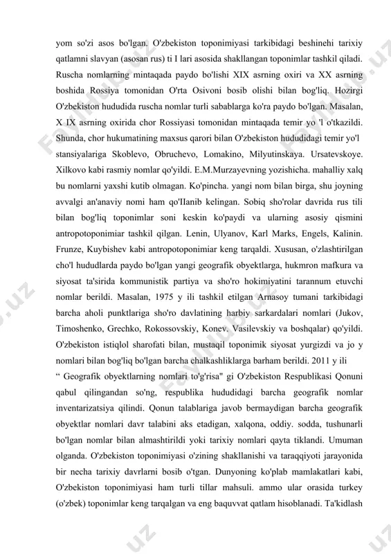 go'zal≫ degan ma'nolarni anglatuvchi saykan so'zi asos bo'lgan. keyinchalik geografik termin sifatida bu so'z o'zbek tiliga o'zlashgan va hozirda ≪katta≫. ≪tekis ochiq joy≫, ≪maydon≫ ma'nosini ifodalaydi. geografik nom sifatida tanilgan yom (dialektda join) so'zi ham mo'g'ul tilidan o'zlashgan. mutaxassislar yomchi. jom, jomboy, jombo'z, jombuloq kabi toponimlarni paydo bo'lishini yom so'zi bilan bog'liq deyishadi. y o 'l ma'nosidagi yom so'zi mo'g'ullardan turkiy tillarga o'tib. mo'g'ullar hukmronligi davrida o'rta osiyoda keng tarqalgan. yomlar chingiziylar davrida qurila boshlagan. keyinchalik yom so'zi ≪choparlar, yo'lovchilar qo'nadigan va ot almashtiradigan joy≫, ≪bekat≫ ma’nosini ifodalagan. yomda doim otlar shay turib, bir qancha kishi xizmat qilgan. ugedeyxon ko'plab yomlar qurdirganligi bilan faxrlanganligi ma’ lum. yom so'zi nafaqat turkiy tillarga balki slavyan, xususan, rus tiliga ham o'tgan. masalan. rus tilidagi ≪yamshik≫ so'ziga yom so'zi asos bo'lgan. o'zbekiston toponimiyasi tarkibidagi beshinehi tarixiy qatlamni slavyan (asosan rus) ti i lari asosida shakllangan toponimlar tashkil qiladi. ruscha nomlarning mintaqada paydo bo'lishi xix …