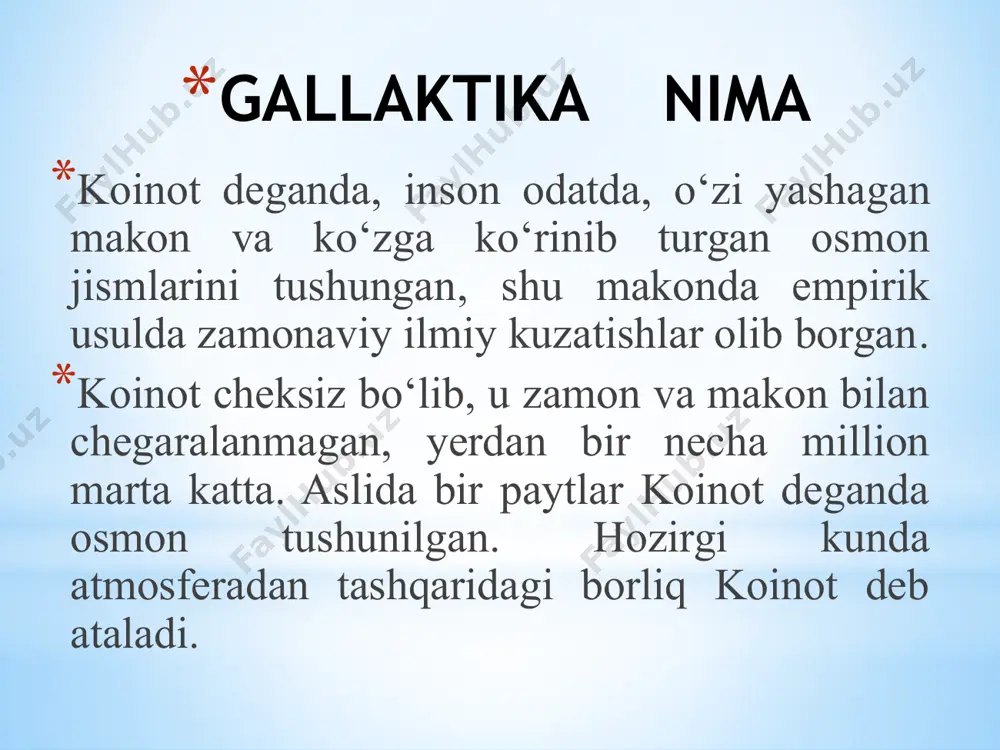bo’lib turadi. . user (u) - gipotezalar quyosh tizimini va undagi osmon jismlarini paydo bo’lishi to’g’risidagi kosmogonik gipoteza nemis faylasufi i.kantning 1755 yilda nashr etilgan «koinotning umumiy tabiiy tarixi va nazariyasi» asarida bayon etilgan. i.kant osmon bo’shlig’idagi zarralar bir-biri bilan o’zaro tortishi natijasida bir markazda to’planib quyuqlashgan va hozirgi quyoshning paydo bo’lishiga sabab bo’lgan, quyosh atrofida aylanayotgan jismlar esa hozirgi sayyoralarni hosil qilgan degan g’oyani ishlab chiqqan. p.laplas gipotezasi (1795 yili frantsuz matematigi va astronomi ) quyosh tizimi avval aylanuvchi, o’ta siyrak, qizigan changlardan iborat bo’lib, uning markazida changlikning (tumanlikning) o’zagini tashkil etuvchi juda quyuq gazsimon moddalar zich holatda to’plangan. mazkur tumanlikning tobora sovushi va siqilishi oqibatida uning tezligi kuchaygan. shuning natijasida uning aylanishi yanada tezlashadi, markazdan qochma kuchlar tortish kuchidan ustun kelgach, tumanlikdan turli vaqtda gazsimon halqalar ajralib chiqib keta boshlagan. ajralib chiqqan halqalardan sayyoralar hosil bo’lgan. p.s.laplasning fikricha tumanlikning markaziy sharsimon yirik qismi quyosh, undan ajralib chiqqan halqalar …