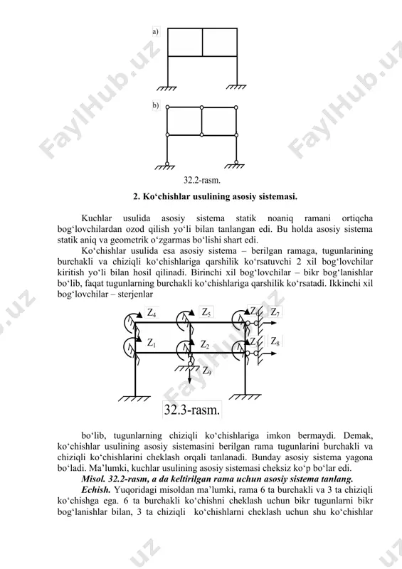 g asosiy sistemasi cheksiz ko‘p bo‘lar edi. misol. 32.2-rasm, a da keltirilgan rama uchun asosiy sistema tanlang. echish. yuqoridagi misoldan ma’lumki, rama 6 ta burchakli va 3 ta chiziqli ko‘chishga ega. 6 ta burchakli ko‘chishni cheklash uchun bikr tugunlarni bikr bog‘lanishlar bilan, 3 ta chiziqli ko‘chishlarni cheklash uchun shu ko‘chishlar yo‘nalishi bo‘yicha sterjenlar bilan mahkamlaymiz (32.3-rasm). hosil bo‘lgan sistema ko‘chishlar usulining asosiy sistemasi deyiladi. 3. ko‘chishlar usulining kanonik tenglamalari. tashqi kuchlar ta’sirida bo‘lgan statik noaniq rama tugunlarining chiziqli va burchakli ko‘chishlarini aniqlash uchun kanonik tenglamalar sistemasini tuzishga to‘g‘ri keladi. asosiy sistema tugunlariga kiritilgan har bir qo‘shimcha bog‘lanishda hosil bo‘lgan reaksiyalarning yig‘indisi ri nolga teng bo‘lishi kerak, chunki berilgan rama tugunlarida bu bog‘lanishlarning yo‘qligi va tugunning muvozanatda bo‘lishi shartidan reaktiv zo‘riqishlar nolga teng bo‘ladi, ya’ni r1= 0, r2= 0, ...., rn = 0 (32.3) bu shartni qanoatlantiruvchi tenglamalar ko‘chishlar usulining kanonik tenglamalari deyiladi. kanonik tenglamalar soni berilgan ramaning kinematik noaniqlik darajasiga …