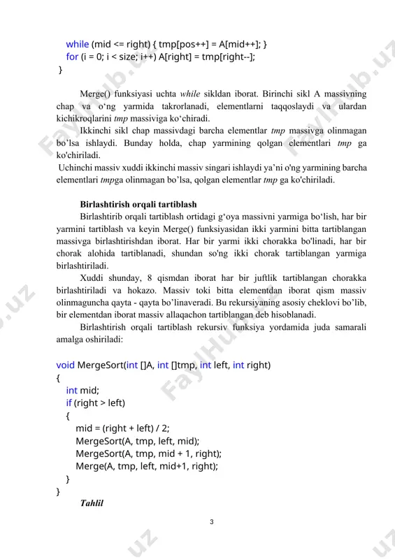 radi. bundan tashqari, hosil bo'lgan 2 elementli massivlarning har bir jufti 4 ta elementdan iborat massivga birlashtiriladi. jarayon butun massiv tartiblashtirilgunga qadar doimiy o'lchamdagi massivlar bilan davom etadi. algoritmning murakkabligini baholash: eng yomon holatdagi murakkabligi: o(nlogn) eng yaxshi holatdagi murakkabligi: o(nlogn) o‘rtacha murakkabligi: o(nlogn) eng yomon holatdagi xotira sarfi: o(n) tezkor tartiblash (quicksort). n ta elementdan iborat kirish massivini tartiblash uchun tezkor tartiblash algoritmining eng yomon xolatdagi murakkabligi o(n2) ga teng. eng yomon holatda juda sekin bo'lishiga qaramay, bu algoritm amalda ko'pincha eng yaxshisidir, chunki u o'rtacha hisobda juda samarali: uning kutilayotgan ishlash vaqti o(nlgn) ni tashkil qiladi va baholashdagi yashiringan doimiy koeffitsientlar juda kichikdir. shuningdek, uning afzalligi shundaki, u joyida tartiblashni amalga oshiradi va virtual xotira muhitida ham yaxshi ishlaydi. tezkor tartiblash algoritmining tavsifi. tezkor tartiblash xuddi birlashtirish orqali tartiblash kabi, “”bo'lib tashla va hukmronlik qil” tamoyilidan foydalanadi. uch bosqichli tartiblash jarayoni quyida tasvirlangan: bo'lish : a[l..r] massivi shunday …