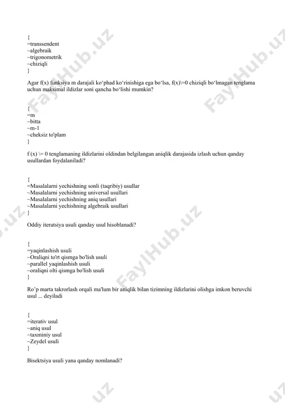 qilish masalalarini o'rganish ~matematik tarzda shakllantirish mumkin bo'lmagan qarorlar qabul qilish masalalarini o'rganish ~matematik shakllantirilishi mumkin bo'lgan qarorlar masalalarini o'rganish ~barcha javoblar to'g'ri } masalani chiziqli dasturlash masalasi sifatida shakllantirish qanday bosqichlarni o‘z ichiga oladi: { =barcha javoblar to'g'ri. ~masalani tushunish, masalaning tavsifiy modelini yaratish; ~samaradorlik o'lchovini asosiy o'zgaruvchilarga nisbatan chiziqli funktsiya sifatida kiritish; ~asosiy o'zgaruvchilar bo'yicha chiziqli tenglamalar yoki tengsizliklar sifatida barcha shartlarni aniqlash va taqdim etish; } chiziqli dasturlash masalasi uchun asosiy matematik taxminlarni sanab o'ting { =barcha javoblar to'g'ri ~aniqlik va chiziqlilik ~proportsionallik ~qo'shimcha va bo'linuvchanlik } maqsad funksiyasi maksimal qiymati izlanadigan va masalaning tizimli shartlari tenglamalar sistemasi bo'lgan chiziqli dasturlash masalasining modeli qanday ataladi? { =kanonik ~standart ~asosiy ~general } transport masalasi qanday masalaga tegishli?: { =chiziqli dasturlash ~tizimli dasturlash ~chiziqli bo'lmagan dasturlash ~dinamik dasturlash } umumiy chiziqli dasturlash masalasini yechishda qanday analitik usuldan foydalaniladi? { =simpleks usuli ~chiziqli algebra usullari ~gauss usuli ~iteratsiya usuli } …