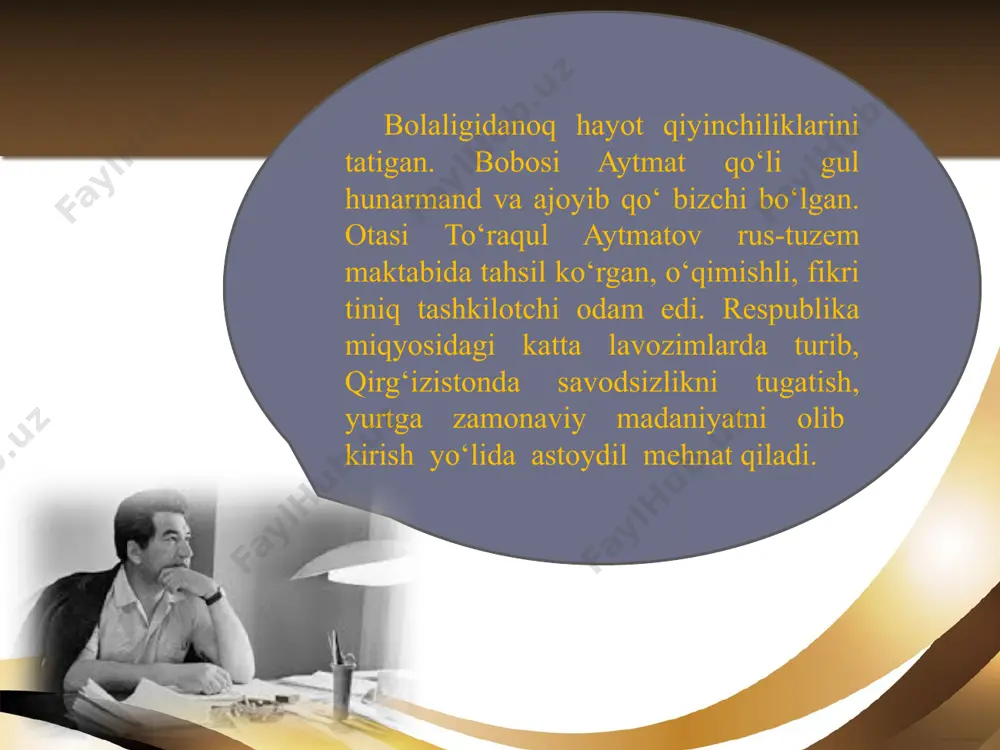 yetmish millionga yaqin nusxada chop etilgan. albatta, bu raqamlar to‘xtovsiz ko‘payib boravеradi. ch. aytmatovning dеyarli barcha badiiy asarlari o‘zbеkchaga o‘girilgan. chunki uning qalamidan chiqqan obrazlar — millatidan qat’i nazar har bir kishiga yaqin va tushunarli. siz quyida tanishadigan “asrga tatigulik kun” romanidan olingan parcha ham ko‘pchilikka ta nish ruhiy holatlarni aks ettirgani bilan e’tiborga loyiq. asarni mashhur tarjimon asil rashidov o‘zbek tiliga o‘girgan. image3.jpg image4.png image1.jpg image5.jpeg image6.jpeg image7.jpeg image8.jpeg image9.png image10.jpeg image11.jpeg image12.png image13.jpeg image14.png image15.png image16.png image17.png image18.png image2.png