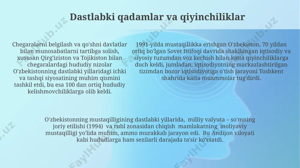 sovet imperiyasidan chiqish jarayonining noyob misoli boʻlib, 25 millionlik aholisi uchun yangi davlat qurish va demokratik rivojlanish yoʻlini belgilab berdi. 1992-yilgi konstitutsiya oʻzbekistonda inson huquqlari va erkinliklarini kafolatlashga qaratilgan boʻlsa-da, amalda ularning toʻliq ta’minlanishiga toʻsqinlik qiluvchi omillar, masalan, qishloq joylardagi cheklangan imkoniyatlar mavjud edi. jamiyatni modernizatsiya qilish mamlakatning innovatsion rivojlanishiga qaratilgan milliy dasturlar doirasida, 2010-yillarda toshkent shahrida yuqori texnologiyalar parklari tashkil etildi, bu esa 5000 dan ortiq yuqori malakali mutaxassislarni jalb qildi. 1991-yildan keyin oʻzbekistonning mustaqilligi, jahon hamjamiyatiga qoʻshilish jarayonida bozor iqtisodiyoti tamoyillariga asoslangan modernizatsiya siyosatini amalga oshirishga qaratilgan bir qator islohotlarni oʻz ichiga oldi, bu esa mamlakatning iqtisodiy rivojlanishiga sezilarli ta'sir koʻrsatdi. oʻzbekistonning modernizatsiyasi davrida, 2000-yillarning boshlarida, agrar sektorni isloh qilish va qishloq xoʻjaligini diversifikatsiya qilish boʻyicha keng koʻlamli dasturlar samarqand va buxoro viloyatlarida muvaffaqiyatli amalga oshirildi. milliy uyg'onish va ozodlik harakatlari 1917 йилдаги октябрь инқилобидан кейинги ўзбекистондаги миллий ҳаракатларнинг кучайиши, 1920 йиллардаги туркистон мухторияти учун курашлар ва коканд …