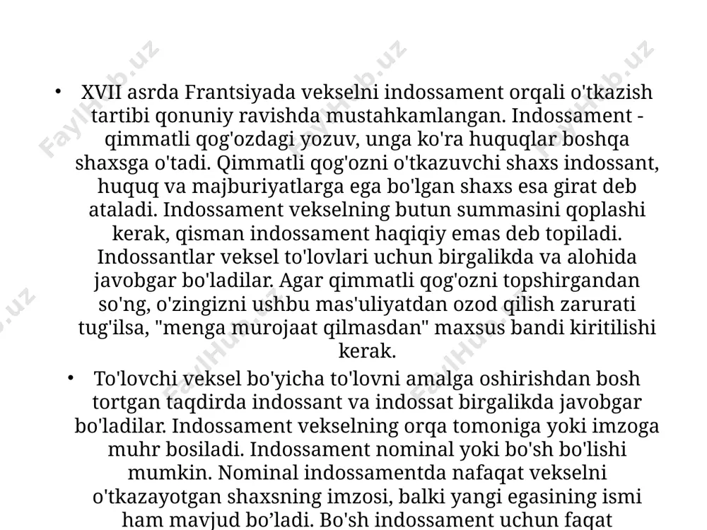 g'larini olish imkoniyatiga ega. veksel bo'yicha to'lov muddati evzning 33-moddasi bilan aniq tartibga solinadi, ammo angliya-amerika qonunchiligi buni nazarda tutmaydi. shunday qilib, evz aval taqdim etish orqali tomonlarning moliyaviy majburiyatlarini bajarish uchun kafolatlar berish imkoniyatini nazarda tutadi. aval - veksel qabul qilingandan keyin uning old tomoniga tegishli yozuv. asosan banklar va boshqa moliya institutlari rolini bajaradigan avalistlar ushbu qimmatli qog'ozdan kelib chiqishi mumkin bo'lgan majburiyatlar bo'yicha qarz oluvchi bilan birgalikda javobgarlikni o'z zimmalariga oladilar. aval faqat ma'lum muddatga ega bo'lgan veksellarga nisbatan qo’llanilishi mumkin, taqdim etiluvchi to'lanadigan veksellarga aval berilmaydi. aval berish uchun bank veksel miqdoridan foiz sifatida yig'im undiradi. jeneva tizimida indossant akseptdan ozod qilishni nazarda tutadi, lekin veksel bo'yicha to'lov amalga oshirilishi kerak. anglo-amerika qonunchiligi qabul qilish va to'lash uchun javobgarlikdan ozod qilish imkonini beradi. evz ga muvofiq vekselning muddati 12 oy bilan cheklangan, angliya-amerika qonunchiligiga ko'ra, kafolat istalgan vaqtda to'lov uchun taqdim etilishi mumkin. evz ga muvofiq, …