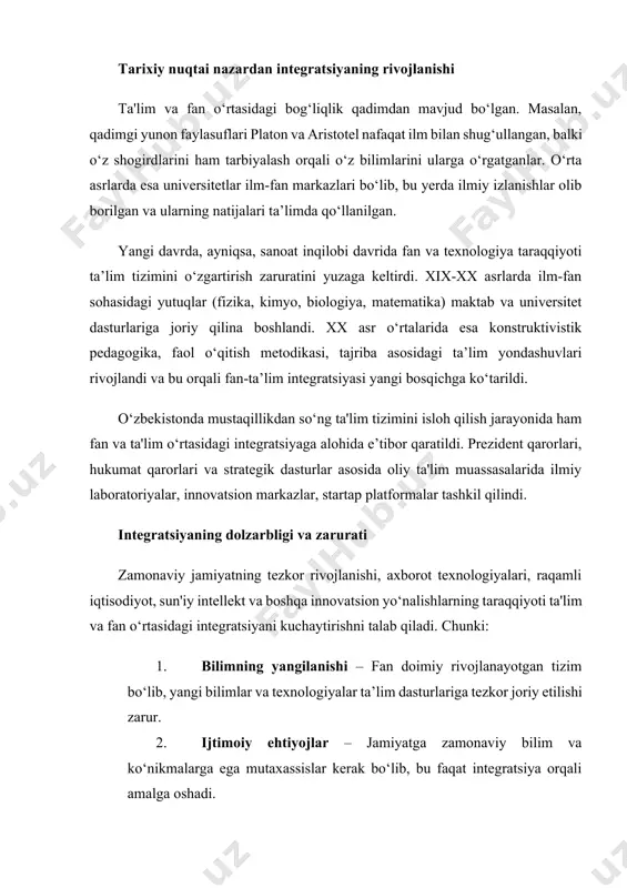 jalb qilish orqali ularning fikrlash qobiliyati, muammoga yondashuvi va yangilik yaratuvchanligi oshadi. 4. raqobatbardosh ta’lim tizimi – integratsiyalashgan ta’lim modeli orqali xalqaro standartlarga moslashish, xorijiy oliy ta’lim muassasalari bilan hamkorlikni kuchaytirish mumkin. integratsiyaning yana bir muhim jihati shuki, u fan va amaliyot o‘rtasidagi tafovutni kamaytiradi. ko‘plab universitetlar ilmiy-tadqiqot institutlari bilan hamkorlikda ishlaydi, o‘quv dasturlari tajriba asosida ishlab chiqiladi va bu orqali o‘quvchilar real muammolarni hal qilish ko‘nikmasini egallaydi. integratsiya shakllari va metodlari ta'lim va fan integratsiyasini amalga oshirish uchun turli shakllar va metodlar qo‘llaniladi: · fanning o‘quv dasturlariga joriy etilishi: ilmiy-tadqiqot natijalari asosida darslik va o‘quv qo‘llanmalar tayyorlash. · ilmiy laboratoriyalar faoliyati: ta'lim muassasalarida amaliy tajribalar orqali o‘rgatish. · startap loyihalar va innovatsion markazlar: talabalar va yosh olimlar uchun platforma yaratish. · ilmiy konferensiyalar va seminarlar: o‘quvchilar va talabalarni ilmiy fikrlashga jalb qilish. · mentorlik tizimi: ilmiy rahbarlar tomonidan o‘quvchilarni yo‘naltirish. shuningdek, steam (science, technology, engineering, arts, mathematics) modeli asosidagi …