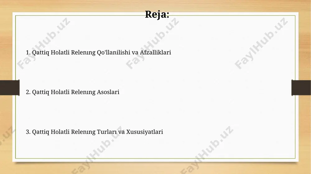 tiq holatli relelar elektr toki o'tkazgichlarining aşınmasına yo'l qo'ymasligi tufayli mexanik relelarga nisbatan ancha uzoqroq xizmat muddatiga ega, bu esa 10 yildan ortiq ishlashni ta'minlaydi. ularning ishlash harorati diapazoni -40°c dan +85°c gacha yetishi mumkin, bu esa qattiq sharoitlarda ishlashga imkon beradi va uzluksiz ishlash muddati 10 million tsikldan oshadi. qattiq holatli relelarning qo'llanilishi ularning uzluksiz ishlashi 10 million dan ortiq almashinishlarga chidamlilik bilan tavsiflanadi, bu esa mexanik relelarga nisbatan ancha yuqori ishonchlilikni ta'minlaydi. qattiq holatli relelar sanoat avtomatikasida, shu jumladan, 200-500°c harorat oralig'ida ishlashga mo'ljallangan jarayonlarni boshqarish tizimlarida muhim rol o'ynaydi. qattiq holatli relelarning ish prinsipi ushbu relelarning ishlash printsipi to'liq elektron bo'lib, 500 v dan yuqori kuchlanishlarni ham boshqarish imkonini beradi va kam quvvat sarfini ta'minlaydi. qattiq holatli relelar yarimo'tkazgichlar, masalan, triak yoki tiristorlar yordamida past kuchlanishli boshqaruv signali orqali yuqori kuchlanishli yuklarni almashtirish orqali ishlaydi. bunday holda, kontaktlarning mexanik aşınması yo'q. e'tiboringiz uchun rahmat @taqdimot_robot image7.jpg image8.jpg …