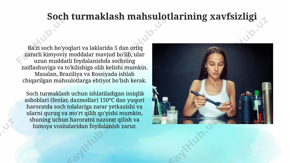 klash vositalaridan foydalanadi, ularning ko‘pchiligi qayta ishlanmaydi, natijada 30 million tonnadan ortiq plastik chiqindi hosil bo‘ladi. soch turmaklash va uning axloqiy jihatlari soch turmagini yaratishda 30 dan ortiq kimyoviy moddalar ishlatilishi mumkin, bu esa atrof-muhitga, xususan, 2023-yil ma'lumotlariga ko'ra, o'zbekistonning suv resurslariga salbiy ta'sir ko'rsatishi mumkin. taxminan 15% ayollar sochlarini tez-tez bo'yash natijasida soch to'kilishi muammosiga duch kelishadi, bu esa individual go'zallik me'yorlarini qayta ko'rib chiqishga undaydi. e'tiboringiz uchun rahmat @taqdimot_robot image2.jpg image3.jpg image4.jpg image5.jpg image6.jpg image7.jpg image8.jpg image9.jpg image10.jpg image1.png