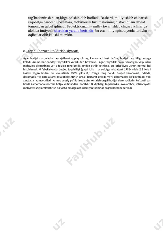 iladi. bu vazifalar bojxona siyosatining turli-tuman vositalaridan foydalanish orqali amalga oshiriladi. buni soddaroq ko‘rinishda quyidagi sxema bilan ifodalash mumkin: 5.bojxona siyosatining asosiy vazifalari….? respublikada b. organlarining asosiy vazifalari oʻz vakolati doirasida oʻzbekistonning iqtisodiy xavfsizligini taʼminlash; oʻzbekiston b. ishlariga oid qonunchilikning buzilmasligini nazorat qilish; uzrning xalqaro shartnomalardagi b. ishlariga oid bandlarning bajarilib borilishini taʼminlash; kontrabandaga qarshi kurash; b. statistikasi, shuningdek tashki iqtisodiy faoliyat tovar nomenklaturasini yuritish; valyuta nazoratini amalga oshirish, strategik hamda respublika uchun muhim boshqa mahsulotlarni olib chiqib ketilmasligi ustidan nazorat yuritish va boshqalardan iborat. oʻzbekiston hududida b.lar faoliyatini uyushtirish va unga rahbarlikni oʻzbekiston respublikasi davlat bojxona qoʻmitasi olib boradi. oʻzbekiston respublikasi jahon bojxona tashkilotiga aʼzo (1994). 6. qisman cheklashlar siyosati……..? ko’plab mamlakatlarning tadbirkorlari o’z milliy bozorlariga xorijiy raqobatchilarni kiritmaslik maqsadida turli chora-tadbirlarni qo’llaydilar. ularning ko’zlagan manfaati xorijiy raqobat bo’lishiga imkon bermaydi, ishlab chiqarishni doimiy ravishda yangilashga, chiqimlarni pasaytirishga, tovarlar va xizmatlar sifatini oshirishga majbur qiladi. iste’molchilarni esa ko’proq yaxshi …