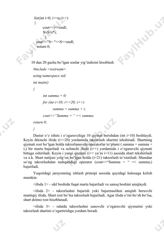 cheksiz bo‘ladi. xuddi shu kabi shart takrorlash boshida rost bo‘lib, uning qiymatiga takrorlash tanasida ta’sir qilinmasa ham takrorlash cheksiz bo‘ladi. while operatori shartni oldindan tekshiruvchi takrorlash operatori hisoblanadi. agar takrorlash boshida shart yo‘gon bo‘lsa, while operator tarkibidagi qismi bajarilmasdan chetlab o‘tiladi. agar shart ifodaning qiymati 0 dan farqli son bo‘lsa takrorlash cheksiz amalga oshiriladi. 1 dan n gacha bo‘lgan sonlar ko‘paytmasini hisoblash: #include using namespace std; int main() { int n, s = 1; int i=1; cout >n; while (i using namespace std; int main() { int p = 1; int i=1; while (i ; while ( ) bu operatordan odatda takrorashni boshlamasdan avval shartni tekshirib bo‘maydigan holatlarda foydalaniladi. masalan biror jarayonni davom ettirish yoki to‘xtatish haqidagi so‘rovga javob olish va uni tekshirish zarur bo‘lsin. ko‘rinib turibdiki, jarayonni boshlamasdan avval bu savolni berishning ma’nosi yo‘q. 1 dan n gacha sonlarni do..while operatori orqali hisoblash: #include using namespace std; int main() …