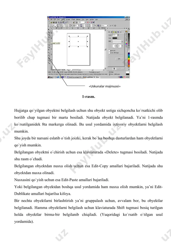 ktlarni) kattaligini o`zgartirish uchun bu obyekt (obyektlar) belgilanadi. natijada 2-rasmda ko`rsatilganidek ular ustida markerlar hosil bo`ladi. marker ustiga sichqoncha ko`rsatkichi olib borilib chap tugmasi bosiq turilgan holda obyektga kerakli kattalik beriladi. obyektning kerakli kattaligi hosil qilib bo`lingandan so`ng sichqoncha chap tugmasi qo`yib yuboriladi. bir narsani aytib o`tish joizki, belgilangan obyektlarni aylantirish ham mumkin. buning uchun belgilangan obyektlar ustiga sichqoncha ko`rsatkichi olib borilib chap tugma bir marta bosiladi. natijada 3-rasmda ko`rsatilgan holat vujudga keladi. 3-rasm. rasmda ko`rinib turganidek markerlar boshqa ko`rinishni oladi. ular ustiga sichqoncha ko`rsatkichi olib borilib chap tugmasi bosiq turgan holda obyektlarni hohlagan burchakka burish imkoniyati bo`ladi. belgilashni olib tashlash uchun klaviaturada ctrl tugmasi bosilsa kifoya. shuni alohida ta’kidlab o`tish joizki, obyekt (obyektlar) belgilanganda qo`shimcha uskunalar qatori paydo bo`ladi. bu uskunalar yordamida obyektlarni kattaligini o`zgartirish, boshqa obyektlarga nisbatan joylashish holatlarini, burchak ko`rinishlarini ham o`rnatish mumkin. (4-rasm) +уроллар =атори 4-rasm. obyektlar yaratilgandan so`ng, chegaralarga va ichki qismiga rang berish mumkin. …