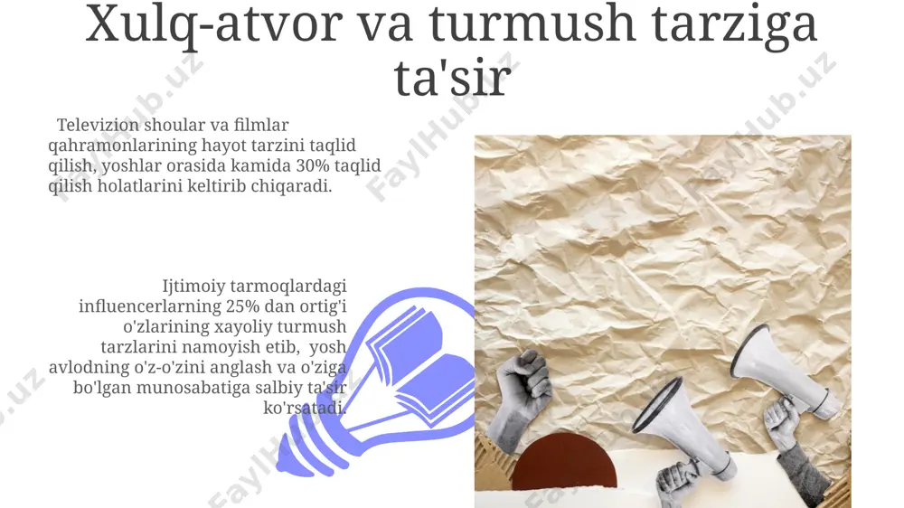 ernetda tarqalgan yolg'on axborotlar va provokatsion materiallar jinoyatchilik darajasining 15-20% ga o'sishida muhim rol o'ynaydi. oav orqali zo'ravonlik sahnlarini namoyish etish yoshlarda tajovuzkor xatti-harakatlarning 30% gacha oshishiga olib kelishi mumkinligi haqida tadqiqotlar mavjud. ommaviy axborot vositalarining ijtimoiy javobgarligi ijtimoiy tarmoqlarning tez tarqaluvchanligi va keng auditoriyasi tufayli, noto'g'ri ma'lumotlarning (fake news) tarqalishi 30% ga ko'paygan. ommaviy axborot vositalarining ijtimoiy mas'uliyatini oshirish uchun, kamida 5 yillik davlat nazorati va axborot madaniyati dasturlarini amalga oshirish zarur. ijtimoiy me'yorlar va qadriyatlarga ta'sir 01 02 ommaviy axborot vositalarining 70% dan ortig'i yoshlarning hayot tarziga, kiyim-kechak uslubiga, musiqa va o'yin-kulgi afzalliklariga ta'sir ko'rsatadi, bu esa ijtimoiy me'yorlarning o'zgarishiga olib keladi. sales 1st qtr 2nd qtr 100 0 sales 1st qtr 2nd qtr 100 0 kelajakdagi istiqbollar va yangi tendensiyalar ommalashgan media ta'siri 2030-yilga borib, 5g tarmoqlari va sun'iy intellekt texnologiyalari yordamida individualizatsiyalashgan kontent yetkazib berish orqali yanada kuchayadi. influencer marketing va algoritmik tavsiyalar 2028 yilga kelib …