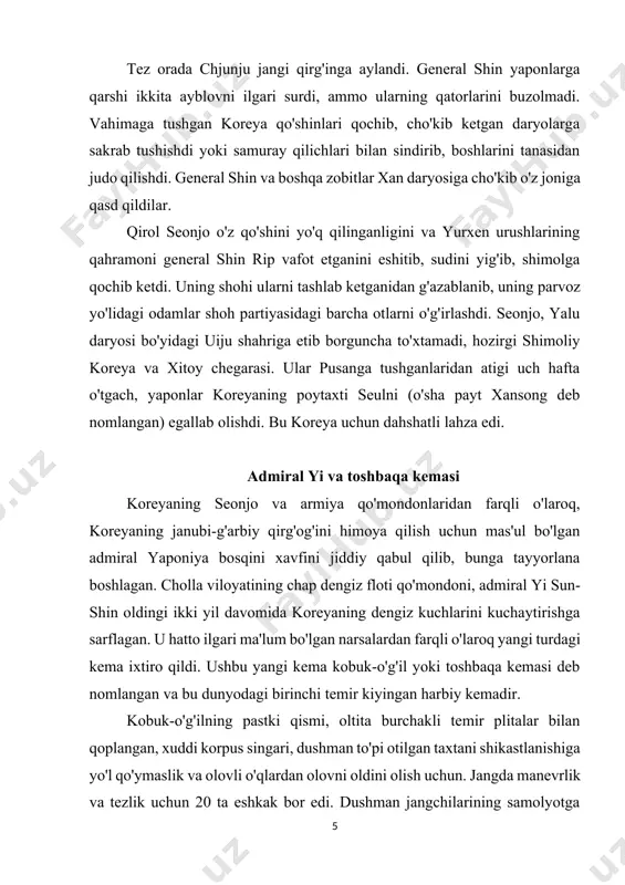 alabali g'alabani qo'lga kiritdi. dastlabki oltita jangda yaponlar 114 kema va ko'plab yuzlab dengizchilarini yo'qotishdi. koreya, aksincha, nolinchi kemalarini va 11 ta dengizchisini yo'qotdi. qisman, bu ajoyib rekord yaponiyaning aksariyat dengizchilarining yomon tayyorgarlikdan o'tgan sobiq qaroqchilar bo'lganligi bilan bog'liq edi, admiral yi esa ko'p yillar davomida professional dengiz kuchlarini sinchkovlik bilan tayyorlagan edi. koreya dengiz flotining o'ninchi g'alabasi admiral yi uchta janubiy viloyat qo'mondoni etib tayinladi. 1592 yil 8-iyulda yaponiya admiral yi va koreya dengiz floti tomonidan eng og'ir mag'lubiyatga uchradi. hansan-do jangida admiral yining 56 kishilik floti 73 kema bo'lgan yapon flotiga duch keldi. koreyslar katta flotni o'rab olishga muvaffaq bo'ldilar, ulardan 47 tasini yo'q qildilar va yana 12 tasini qo'lga oldilar. taxminan 9000 yapon askarlari va dengizchilari o'ldirildi. koreys bironta kemasini yo'qotmadi va atigi 19 koreyalik dengizchi halok bo'ldi. admiral yining dengizdagi g'alabalari yaponiya uchun shunchaki xijolat bo'lmadi. koreys dengiz harakatlari yaponiya armiyasini uy orollaridan uzib tashladi va …