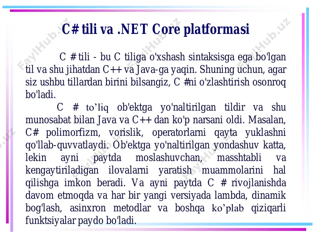 n - windows forms. mobil ilovalarni ishlab chiqish uchun uchun - xamarin. veb -saytlar va veb-ilovalarni yaratish uchun - asp.net va boshqalar. .net platformasining roli bunga .net ustida ishlaydigan va serverda ham, mijozda ham veb-ilovalar yaratishga imkon beruvchi faol rivojlanayotgan blazor –freymworkini ham qo'shish mumkin. va kelajakda u ehtimol, mobil ilovalarni ham va desktop ilovalarini ham yaratishni qo'llab-quvvatlaydi. bundan tashqari, c# tili va .net freymworkining o'ziga xos xususiyatlaridan biri bu ortiqcha ma’lumotlarni (musor)ni avtomatik yig'ishidir. bu shuni anglatadiki, ko'p hollarda c++ dan farqli o'laroq xotirani tozalash haqida qayg'urmaslikdir. yuqorida qayd etilgan clr tilning o'zi avtomatik ravishda “axlat yig'uvchi”ni chaqiradi va xotirani tozalaydi. .net framework va .net core / .net 5 ta'kidlash joizki, .net uzoq vaqt aynan windows platformasi uchun .net framework nomi bilan rivojlanib kelgan. 2019 yilda ushbu platformaning so'nggi versiyasi chiqarildi - .net framework 4.8. u endi rivojlanmaydi. 2014 yildan boshlab microsoft turli platformalar uchun mo'ljallangan muqobil platforma - …