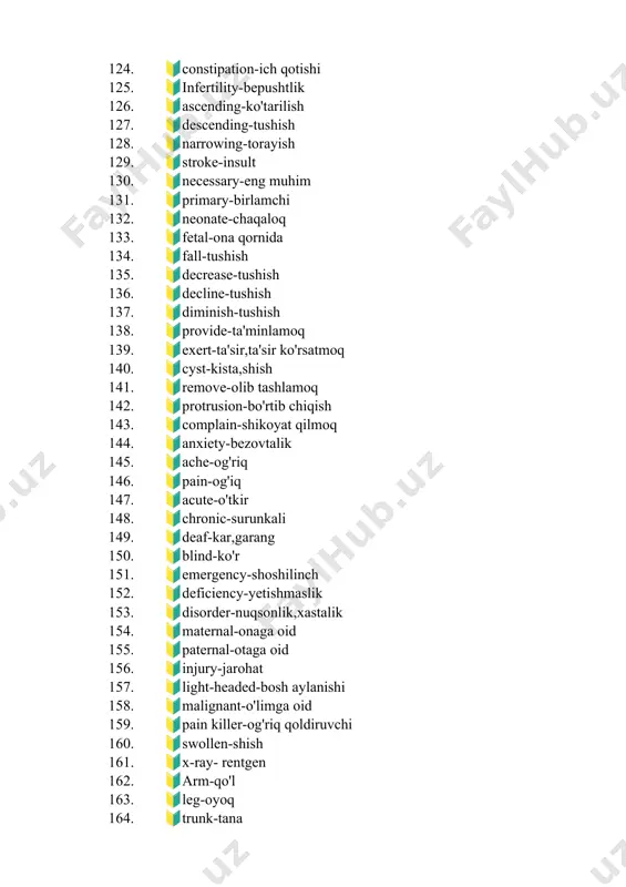 mfa tugunlari 235. 🔰eardrum-quloq pardasi 236. 🔰navel-kindik 237. 🔰umbilical-kindik 238. 🔰tailbone-dum suyagi 239. 🔰heart valve-yurak klapni 240. 🔰neuromuscular junction-nerv-mushak birikmasi 241. 🔰agressive-tajovuzkor 242. 🔰evaluate-miqdorini aniqlash 243. 🔰predict-oldindan aytmoq 244. 🔰cramp-tomir tortishishi 245. 🔰potassium-kaliy 246. 🔰sodium-natriy 247. 🔰dome-gumbaz 248. 🔰fertilization-urug'lantirish 249. 🔰outcat-g'alati 250. 🔰dextrose-glukoza 251. 🔰bulky-katta hajmli 252. 🔰influenza-gripp 253. 🔰strain-kuchlanish 254. 🔰eyesight-ko'rish qobilyati 255. 🔰pertaining to-ga tegishli 256. 🔰terminally ill-kasallikni so'ngi bosqichi 257. 🔰outpatient-ambulatoriyada davolanuvchi bemor 258. 🔰dispensary-dorixona 259. 🔰blood transfusion-qon quyish 260. 🔰palpitation-yurak urishi 261. 🔰pulse-yurak urishi 262. 🔰ictus-yurak urishi 263. 🔰anorexia-ishtaha yo'qligi 264. 🔰sputum-balg'am 265. 🔰wheeze-xirillash 266. 🔰hoarseness-xirillash 267. 🔰incontinence-qovug' bo'shligi,siydik tutaolmaslik 268. 🔰cleft palate-tanglay yorig'i 269. 🔰shin-boldir 270. 🔰heel-tovon 271. 🔰ankle-to'piq 272. 🔰nipple-so'rg'ich 273. 🔰malignant-xavfli 274. 🔰lump-shish 275. 🔰carcinoma-o'sma 276. 🔰mucus-shilimshiq 277. 🔰chickenpox-suvchechak 278. 🔰malaria-bezgak 279. 🔰dormancy-nofaol 280. 🔰immediate-darhol,tez 281. 🔰discover-ma'lum 282. 🔰provide-ta'minlamoq 283. 🔰supply-ta'minlamoq 284. 🔰quantity-ko'p miqdorda 285. 🔰furrow-ajin,yuzdagi chiziqlar 286. 🔰connect-bog'lanmoq 287. 🔰due to-sababli 288. 🔰space-bo'shliq 289. 🔰waterpermeability-suv o'tkazuvchanlik 290. 🔰unique-noyob 291. 🔰rare-kam uchraydigan,noyob 292. …