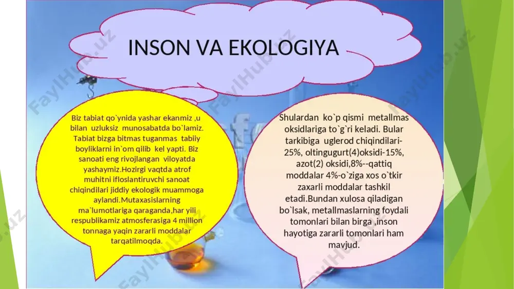 aratadi. havoning ifloslanganligi natijasida yer yuzasiga ultrabinafsha nurlar- ning ancha miqdori yetib kelmaydi. yorug‘likning yetarli bo‘lmasligi natijasida d vitamini yetishmasligi rivojlanadi. shu sababli ko‘pchilik shahar aholisi o‘zlarining dam olish vaqtlarini tabiatda, tabiiy sharoitda o‘tkazishga harakat qilishadi. qishloq ekologik sistemalari o‘z xususiyatlari jihatidan shahar ekosistemasidan ancha farq qiladi. qishloqlarda hayvon va o‘simlik turlarining xilma-xilligi kuzatiladi. hayvonlar orqali yuqadigan yuqumli va parazit organizmlar orqali vujudga keladigan kasalliklar qishloqlarda ko‘proq uchraydi. qishloq xo‘jaligida pestitsidlar, gerbitsidlar va boshqa kimyoviy moddalarning ko‘p ishlatilishi qishloq aholisining sog‘ligiga zararli ta’sir ko‘rsatishi mumkin. uyga vazifa 1. inson ekologiyasi fani nimalarni o‘rganadi? 2. insonning ekologik omil sifatida o‘ziga xosligini nimalarda deb bilasiz? 3. inson ekologiyasi fanining vazifasi nimalardan iborat? 4. adaptiv tiplar deganda nimani tushunasiz? 5. adaptiv tiplardagi moslanishlarni tushuntirib bering? quyidagi holatni qanday izohlaysiz?