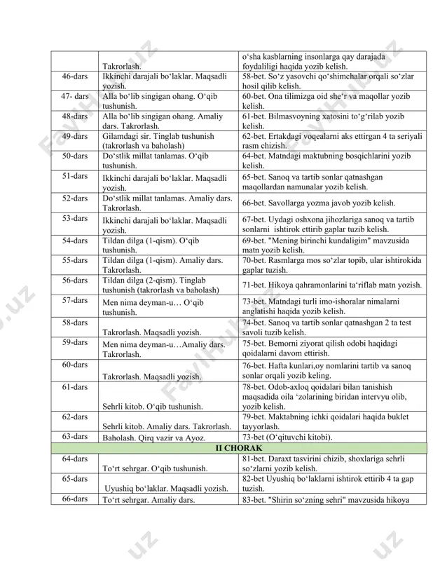 a oid so‘zlarni yozib kelish. 37-dars bosh bo‘laklar. maqsadli yozish. 47-bet. dars mavzusiga mos vazifa berish. 38-dars sukunat kuni amaliy dars. takrorlash. 48-bet. hikoyani davom ettirib kelish. 39-dars bosh bo‘laklar. maqsadli yozish. 49-bet. dars mavzusiga mos vazifa berish. 40-dars shamollarni ortda qoldirib. o‘qib tushunish. 51-bet. hikoyaga boshqacha yakun topib yozib kelish. 41-dars shamollarni ortda qoldirib. amaliy dars,takrorlash. 52-bet. topshiriqni bajarish. 42-dars kartoshka, tuxum va qahva. tinglab tushunish (takrorlash va baholash) 53-bet. kundalik hayotingizda uchragan muammolarga qanday yechim topganingiz haqida yozib kelish. 43-dars noodatiy kasblar. o‘qib tushunish. 55-bet. savollarga javob berish orqali kasblar haqida ma‘lumot yozish. 44-dars ikkinchi darajali bo‘laklar. maqsadli yozish. 56-bet. so‘z yasovchi qo‘shimchalar orqali so‘zlar hosil qilib kelish. 45-dars noodatiy kasblar. amaliy dars. takrorlash. 57-bet. 2 ta noodatiy kasb haqida ma‘lumot topib, o‘sha kasblarning insonlarga qay darajada foydaliligi haqida yozib kelish. 46-dars ikkinchi darajali bo‘laklar. maqsadli yozish. 58-bet. so‘z yasovchi qo‘shimchalar orqali so‘zlar hosil qilib kelish. 47- dars …