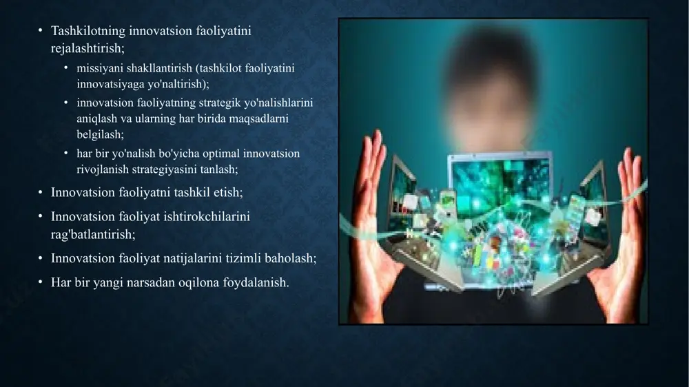 lar bozor sharoitlarida ilmiytexnik va innovatsion faoliyatga resurslar ajratish, bu faoliyat natijalarini amalga oshirishga o’z munosabati xaqida tasavvurga ega bo’lishi, ya’ni mamlakat, mintaqa, tashkilot va alohida shaxsning belgilangan ijtimoiyiqtisodiy maqsadlariga samarali erishish imkonini beradigan o’z innovatsion siyosatini ishlab chiqishi lozim. innovatsion sohada strategik va taktik choralar tizimini ishlab chiqish faqat ilmiy asosda amalga oshirilishi mumkin. shu sababli faol harakat qilayotgan har bir shaxs, u qaysi faoliyat sohasida band bo’lmasin, fan va texnikaning rivojlanish umumiy qonuniyatlari, yangiliklarni samarali qo’llash usullari xaqida tasavvurga ega bo’lishi, yangiliklar kiritish nazariyasi, innovatsion faoliyatni tashkil etish va boshqarish amaliyotini, ya’ni innovatsion ctrategiyaning asosiy qoidalarini, shuningdek, mos keluvchi darajada innovatsion siyosatni shakllantirish va amalga oshirish xususiyatlarini bilishi zarur. innovatsion siyosat maqsadlari va vazifalariga, unga ta’sir ko’rsatuvchi omillarga, korxona, mintaqa va davlat miqyosida innovatsion siyosat amalga oshirish usullariga, uni ishlab chiqish tamoyillari va mavjud innovatsion siyosatni tahlil qilish usullariga, innovatsion siyosatni amalga oshirishning amaliy masalalariga alohida e’tibor qaratiladi. …