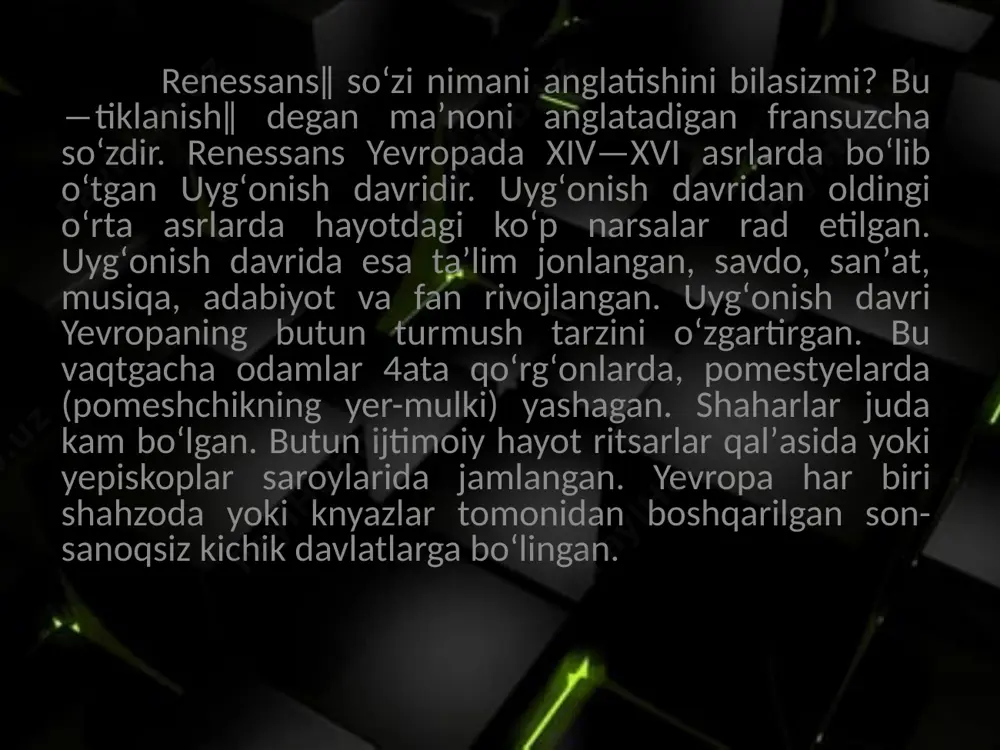 rzu va umidlarini so'zsiz ifodalaydigan tarjimon, yoki tarjimonsiz tushuniladigan san‘at asaridir. musiqa yaralibdi-ki, insonlarni ezgulikka, xalqlarni, millatlarni birlashtirishga, ularni ruhan yaqinlashtirishga xizmat qiladi. dunyoni go'zallik qutqaradi, deyishganida bu go'zallikning bittasi san‘at, aniqrog‘i musiqa deb tushunish kerak. musiqiy san‘at asarlari san‘atning boshqa turlari kabi kishini hayot va olam haqida fikrlashga, unda estetik didni, maftunkor va go'zal, teran dunyoqarashni shakllashda, ongli mushohada qilishga, o'zgalarga yaxshilik qilishga undaydi. musiqa har bir millatda o'ziga xoslik bilan birgalikda umuminsoniy qadriyatlarni ham rivojlantirishga, turli xalqlarning musiqiy va boshqa san‘at turlaridan bahramand qilishda ko'zga ko'rinmas ko'prik vazifasini o'taydi. ushbu maqolada musiqa san‘atining ilk shakllanish davri, turli marosimiy va diniy musiqiy janrlar haqida, uyg‘onish davri va uyg‘onish davridagi tarixiy zaruriyatlar tufayli vujudga kelgan ilk yirik sahna asarlari-opera janrining paydo bo'lishi, musiqaning inson tafakkurini rivojlanishi va hayotida tutgan munosib o'rni haqida fikr bildiriladi. xvii asr g'arbiy yevropa cholg'u musiqasi ijodning mustaqil sohasi bо'lgan cholg'u musiqasi о'z о'rnini birdaniga topa …
