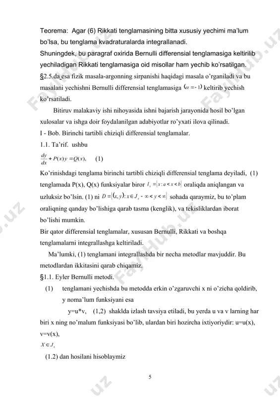 an bernulli differensial tenglamasini,unga keltiriladigan tenglamalarni va bu tenglamalar bilan bog’liq bo’lgan masalalarni yechish muhim ahamiyatga egadir. bernulli differensial tenglamasi bilan bog’liq tushunchalar, misol va masalalarni o’rganish dolzarbdir. bitiruv ishining asosiy maqsadi esa, birinchi tartibli oddiy differensial tenglamalar nazariyasida muhim rol o’ynaydigan bernulli differensial tenglamasi va uning turli tadbiqlari bilan bog’liq bo’lgan ilmiy va amaliy matematik tushunchalarni o’rganish hamda ularni turli amaliy masalalarni qo’llay olishni o’rganishdan iborat. bitiruv malakaviy ishi kirish qismi ikki bobdan xulosa va foydalanilgan adabiyotlar ro’yxatidan iboratdir. kirish qismda o’rganiladigan mavzu, maqsadi va vazifalari haqida ma’lumotlar beriladi. i-bob ikki paragrafdan iborat bo’lib asosiy vazifa: bernulli differensial tenglamasini yechishda muhim rol o’ynaydigan birinchi tartibli chiziqli differensial tenglamalar va ularni yechish usullari o’rganiladi. §1.1.da ushbu (1) 1-tartibli chiziqli tenglamani yechishda eyler bernulli metodi bayon rtiladi,bu yerda p(x),q(x), §1.1.paragrafning asosiy natijasi, (1) - tenglama yechimini y=u*v, (u=u(x), v=v(x) - noma’lum funksiyalar) ko’rinishda izlab, (1) ni umumiy yechimi uchun ushbu formulani …