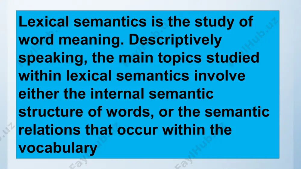 a "predicate" and one or more "arguments"; 6. thematic: a sentence is a pattern for relating the "theme" (or "topic") conveying known or predictable information with the "rheme" (or "comment") conveying new or unpredictable information. theoretically speaking, the main theoretical approaches that have succeeded each other in the history of lexical semantics are prestructuralist historical semantics, structuralist semantics, and cognitive semantics. these theoretical frameworks differ as to whether they take a system-oriented rather than a usage-oriented approach to word-meaning research but, at the same time, in the historical development of the discipline, they have each contributed significantly to the descriptive and conceptual apparatus of lexical semantics. 7 standards of textuality by robert de beaugrande and w.dressler lexical semantics is the study of word meaning. the following first presents an overview of the main phenomena studied in lexical semantics and then charts the different theoretical traditions that have contributed to the …