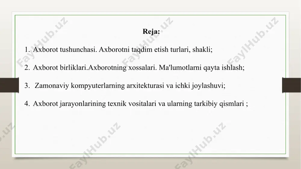 'lumotlar birliklari ham keng qo'llaniladi : 1 kilobayt (kb) = 1024 bayt = 2 10 bayt, 1 megabayt (mb) = 1024 kb = 2 20 bayt, 1 gigabayt (gb) = 1024 mb = 230 bayt . so'nggi paytlarda qayta ishlangan ma'lumotlar hajmining o'sishi tufayli hosila birliklar: 1 terabayt (tb) = 1024 gb = 2 40 bayt, 1 petabayt (pb) = 1024 tb = 250 bayt . 1 ekzobayt ( ebayt ) = 1024 pb = 260 bayt. 1 zetabyte ( zbayt ) = 1024 ebayt = 270 bayt . 1 yotabyte ( ybyte ) = 1024 zbayt = 280 bayt. axborot, agar u ishlarning haqiqiy holatini aks ettirsa, ishonchli hisoblanadi . ishonchli ma'lumotlar vaqt o'tishi bilan ishonchsiz bo'lib qolishi mumkin, chunki u eskirish xususiyatiga ega, ya'ni ishning haqiqiy holatini aks ettirishni to'xtatadi. agar ma'lumot tushunish va qaror qabul qilish uchun etarli bo'lsa, to'liq hisoblanadi . to'liq bo'lmagan va ortiqcha ma'lumotlar …