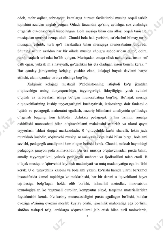 dagogik amaliyotni ham o‘tgan boiishi kerak. chunki, maktab hayotidagi pedagogik jarayon juda xilma-xildir. bu esa musiqa o‘qituvchisidan puxta bilim, amaliy tayyorgarlikni, yuksak pedagogik mahorat va ijodkorlikni talab etadi. b o‘lajak musiqa o ‘qituvchisi kiyinish madaniyati va nutq madaniyatiga ega bo‘lishi kerak. u o ‘qituvchilik kasbini va bolalami yaxshi ko‘rishi hamda ularni barkamol insonsifatida kamol topishiga ko‘maklashishi, har bir darsni o ‘quvchilarni hayot tajribasiga bolg`lagan holda olib borishi, hilma-hil metodlar, innovatsion texnologiyalar, ko ‘rgazmali qurollar, kompyutnr slayd, tarqatma materiallaridan foydalanishi kerak. 0`z kasbiy mutaxassisligini puxta egallagan bo‘lishi, bolalar ovoziga o‘zining ovozini moslab kuylay olishi, ijrochilik mahoratiga ega bo‘lishi, sinfdan tashqari to‘g ‘araklarga o‘quvchilarni jalb etish bilan turli tanlovlarda, tadbirlarda o‘quvchi!ar faol ishtirok etishi kerak, 0 ‘qituvchi har bir darsini senariy muallifi, artisti, ijrochisi hamda rejissyori bolishi bilan birga zamon bilan hamnafas qadam tashlashi muhim ahamiyat kasb etadi. q‘qituvchilik kasbini egallash uchun albatta kasbiy qobiliyatlar bilan birga jism oniy va ruhiy sog‘lom …