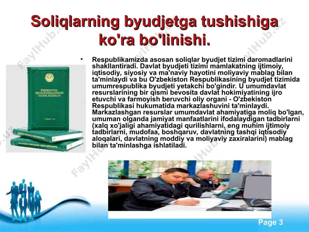 9,5 46,3 44,8 5 bilvosita soliqlar 54,6 57,8 56,0 46,4 47,0 47,4 6 boshqa tushumlar 8,6 4,7 4,3 3,1 6,7 7,8 free powerpoint templates page * soliqlar davlat byudjetini to`ldirishdan tashqari mamlakatdagi ijtimoiy-iqtisodiy jarayonlarni tartibga solishda ham muhim rol o`ynaydi. qadim zamonlarda ham ijtimoiy-iqtisodiy munosabatlar va jarayonlarni tartibga solishda soliqlardan foydalanib kelingan, hatto davlatchilikning shakllanishida ham soliqlar ma’lum rol o`ynagan. chunki davlatchilikning shakllanishi mukammal, barqaror bo`lmagan ijtimoiy-iqtisodiy munosabatlarga tayangan. shuning uchun davlat paydo bo`lishining dastlabki bosqichlarida moliyaviy va iqtisodiy munosabatlarni jonlantirishda davlat hukmdorlari har xil soliq to`lovlaridan foydalanib, o`z oldilariga turgan muammolarni yechishga harakat qilishgan. free powerpoint templates page * umumdavlat soliqlari har yili qonuniy tartibda belgilanadigan normativlar bo'yicha tegishli byudjetlar o'rtasida taqsimlanadi. o'zbekiston respublikasi soliq kodeksining 7 moddasiga muvofiq mahalliy soliqlar va yigimlarga quyidagilar kiradi: 1) mol-mulk soligi; 2) yer soligi; 3) infratuzilmani rivojlantirish soligi; 4) jismoniy shaxslardan transport vositalariga benzin, dizelь yoqilgisi va gaz ishlatganlik uchun olinadigan soliq; …