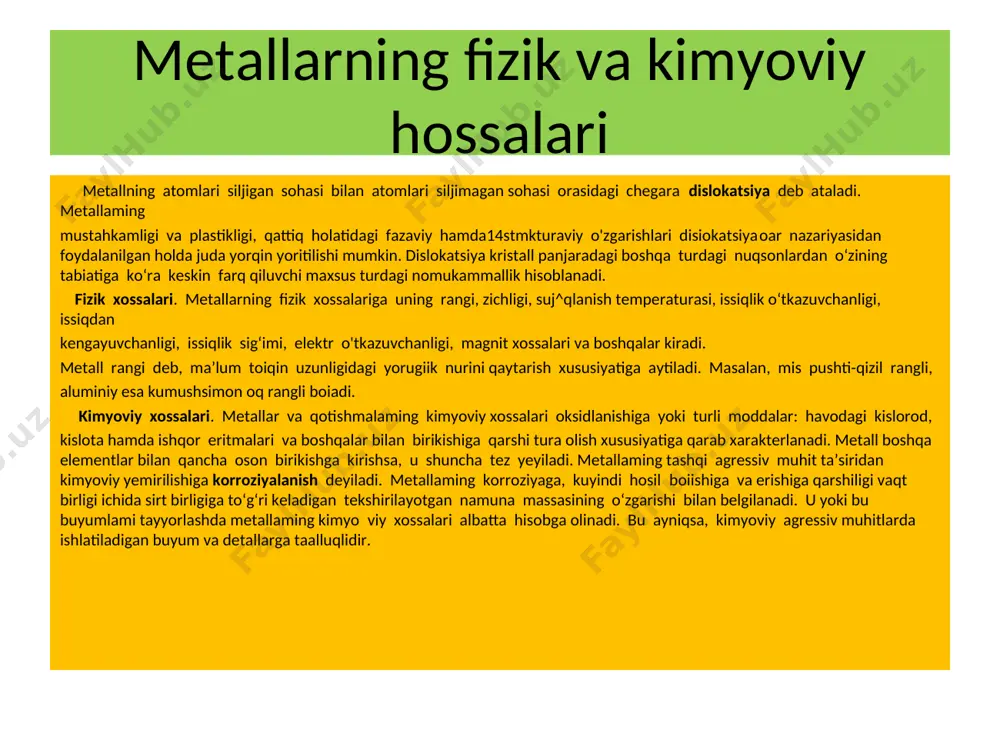 da bo‘ladigan metall qismlarini korroziyadan saqlashda metallarning kuchlanishlari qatoridan foydalaniladiyo. buning uchun kemaning suv ostidagi qismiga kuchlanishlar qatorida ancha chapda turgan metall, masalan, magniy quymasi ulanadi,natijada magniy korroziyalanib, suv ostidagi boshqa metallarni korroziyadan saqlaydi. korroziyaning oldini olish usullari metallarni korroziyadan saqlash metallarni korroziya bardosh metallar va metallmaslar bilan qoplash, agressiv muhitda ishlov berish, elektrokimyoviy himoyalash va metallarni legirlashdan iborat. metallarni korroziyabardosh metallar bilan qoplashda xrom, nikel, rux, qalay, kadmiy, kumushlar ishlatiladi. qoplashdan oldin metall mexanikaviy yoki kimyoviy usulda yog‘ bo‘lgan joylari tozalanadi. metallarni metallmaslar bilan qoplash usullari jumlasiga bo‘yash, emallash, oksidlash, fosfatlashlar kiradi. oksidlashning mohiyati metall buyumlar sirtida korroziyadan himoyalovchi parda hosil qilishdan iborat. agressiv muhitga ishlov berishning mohiyati tashqi muhit tarkibidagi agressiv elementlarni yo‘qotish yoki tashqi muhitga korroziyaning oldini oluvchi, yoxud susaytiruvchi maxsus modda qo‘shishdan iboratdir. qattiq suvdagi kislorodni yo‘qotish uchun suvga natriy sulfat yoki natriy bisulfat qo‘shiladi. elektrokimyoviy himoyalash usulining mohiyati shundaki,elektr o‘tkazuvchi suyuqlikda ishlaydigan metall qismlariga aktivligi …