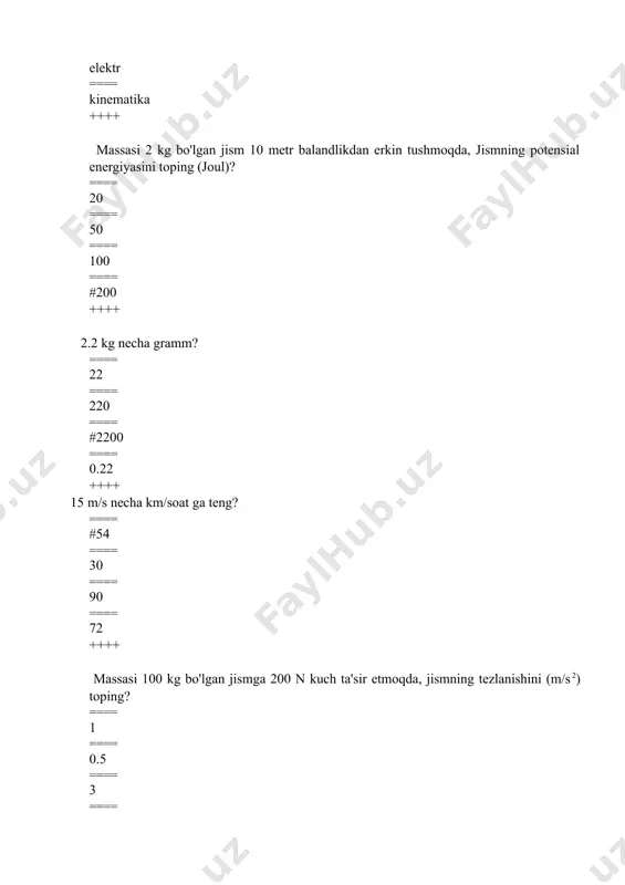 gan, bir yo‘nalishda harakatlanayotgan ikki avtomobil bir-biriga nisbatan qanday tezlik (m/s) bilan harakatlanishini aniqlang? ==== 50 ==== 20 ==== 30 ==== #10 ++++ tezliklari yerga nisbatan 30 m/s va 20 m/s bo‘lgan bir-biriga qarab harakatlanayotgan ikki avtomobil bir-biriga nisbatan qanday tezlik bilan harakatlanishini aniqlang (m/s)? ==== #50 ==== 20 ==== 30 ==== 10 ++++ diffuziya qanday moddalarda hosil bo’lishi mumkin? ==== gazlarda ==== suyuqliklarda ==== qattiq jismlarda ==== #hammasi to’g’ri ++++ moddaning qanday agregat holatida diffuziyaning kechish tezligi eng katta bo’ladi? ==== #gazlarda ==== suyuqliklarda ==== qattiq jismlarda ==== hammasi to’g’ri ++++ gazning bosimi 6 marta orttirilib, hajmi 1,5 marta kamaytirilsa, gaz molekulalarining o‘rtacha kvadratik tezligi qanday o‘zgaradi? ==== 2 marta kamayadi ==== #2 marta ortadi ==== 3 marta ortadi ==== 4 marta kamayadi ++++ mutlaq haroratning 80 к qiymatiga selsiy shkalasida qanday qiymat mos keladi? ==== 80 0c ==== -73 0c ==== 273 0c ==== # -193 0c ++++ …