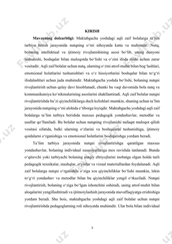 tiborga loyiqdir. maktabgacha yoshdagi aqli zaif bolalarga ta’lim tarbiya berishda maxsus pedagogik yondashuvlar, metodlar va usullar qo‘llaniladi. bu bolalar uchun nutqning rivojlanishi nafaqat muloqot qilish vositasi sifatida, balki ularning o‘zlarini va boshqalarni tushunishiga, ijtimoiy qoidalarni o‘rganishiga va emotsional holatlarini boshqarishga yordam beradi. ta’lim tarbiya jarayonida nutqni rivojlantirishga qaratilgan maxsus yondashuvlar, bolaning individual xususiyatlariga mos ravishda tanlanadi. bunda o‘qituvchi yoki tarbiyachi bolaning nutqiy ehtiyojlarini inobatga olgan holda turli pedagogik texnikalar, mashqlar, o‘yinlar va vizual materiallardan foydalanadi. aqli zaif bolalarga nutqni o‘rgatishda o‘ziga xos qiyinchiliklar bo‘lishi mumkin, lekin to‘g‘ri yondashuv va metodlar bilan bu qiyinchiliklar yengil o‘tkaziladi. nutqni rivojlantirish, bolaning o‘ziga bo‘lgan ishonchini oshiradi, uning atrof-muhit bilan aloqalarini yengillashtiradi va ijtimoiylashish jarayonida muvaffaqiyatga erishishiga yordam beradi. shu bois, maktabgacha yoshdagi aqli zaif bolalar uchun nutqni rivojlantirishda pedagoglarning roli nihoyatda muhimdir. ular bola bilan individual ishlash orqali uning nutq qobiliyatlarini rivojlantirishda yordam berishi, nutqni samarali ishlatish uchun zarur bo‘lgan maxsus mashqlarni amalga oshirishi …