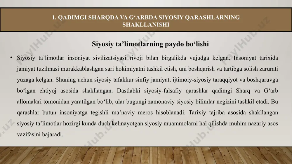 dotlar sifatida tasavvur qilganlar. miloddan awalgi xviii asrdagi mashur qadimgi bobil hukmdori xammurapi (m.avv. 792-750) kuchli davlatining asosi bo‘lgan xammurapi qonunlarini ishlab chiqqan. u marduk xudosi ibodatxonasi devorlariga o‘yib yozilgan. xammurapi qonunlarida hukmdor qattiqqo‘l, ammo «kuchlining kuchsizni xafa qilishiga yo‘l qo‘ymaydigan, yetimlar va boylarga nisbatan adolat ko‘rsatilishi» haqida g‘amxo‘rlik qiluvchi, o‘z fuqarolarining adolatli otasi sifatida tasvirlangan. qadimgi hindistonda siyosiy qarashlar qadimgi hindiston siyosiy tafakkuri asosan diniy-falsafiy manbalarda o‘z aksini topgan. “veda” bitiklari va “manu qonunlari”da jamiyat tuzilishi, axloqiy tartib va siyosiy boshqaruv haqida fikrlar ilgari surilgan. “manu qonunlari” ijtimoiy tabaqalanish, kastalar tizimi va boshqaruv tartiblarini belgilovchi huquqiy-diniy hujjat sifatida tanilgan. miloddan avvalgi iv–iii asrlarda yozilgan “artxashastra” risolasi kautilya tomonidan yozilgan bo‘lib, bu asarda davlat boshqaruvi bo‘yicha amaliy tavsiyalar berilgan. davlatning barqarorligi uchun zarur bo‘lgan asosiy unsurlar — podsho, vazirlar, moliya (xazina), harbiy kuch va diplomatik ittifoqchilar — alohida e’tirof etilgan. kautilyaning siyosiy qarashlari kautilya o‘zining “artxashastra” asarida mukammal davlat boshqaruvi …