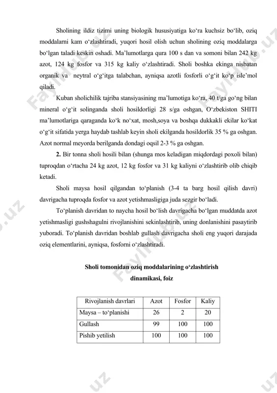 shini pasaytirib yuboradi. to‘planish davridan boshlab gullash davrigacha sholi eng yuqori darajada oziq elementlarini, ayniqsa, fosforni o‘zlashtiradi. sholi tomonidan oziq moddalarining o‘zlashtirish dinamikasi, foiz rivojlanish davrlari azot fosfor kaliy maysa – to‘planishi 26 2 20 gullash 99 100 100 pishib yetilish 100 100 100 sholi maydonlari suvga bostirilib sug‘oriladi. bunda tuproqdagi oksidlanish jarayonining qaytarilishi sodir bo‘ladi. harakatchan shakldagi temir, marganits, fosfor va organik moddalar ko‘payadi va ishqoriylik oshadi. dinetrafikatsiya jarayoni kuchayadi, sholi uchun birinchi minemum azot, fosfor hisoblanadi. alohida kaliy berish hosilni oshirmaydi. tuproq tarkibidagi oziq moddalarni naychalash-gullash fazasida maksimal darajada o‘zlashtiradi. 3. sholiga mahalliy o‘g‘itlardan go‘ng, kompostlar va ko‘kat o‘g‘itlar qo‘llaniladi. go‘ng va kompostlarni kuzda, shudgor ostiga 20-40 t/ga miqdorida qo‘llash sholi hosildorligini gektariga o‘rtacha 20-35 foizga oshiradi. sholining hosili va guruchning sifati navning biologik xususiyatlari va tashqi muhit sharoitlariga bog‘liq. ushbu sharoitlar orasida, ayniqsa, mineral oziqlantirishning ahamiyati katta. sholi azotga juda talabchan ekin. azotni o‘suv davrining boshidan oxirigacha …