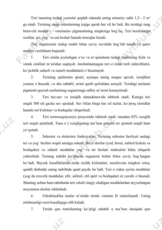 terida vitamin d sintezlanadi. uning etishmasligi raxit kasalligiga olib keladi. 7. terida qon tomirlarning ko`pligi sababli u ma’lum darajada qon deposi bo`lib hisoblanadi. katta odamlar terisida 1 litrgacha qon to`planib turishi mumkin. 8. teri taktil, harorat va og`riqni sezuvchi nerv oxirlariga boy bo`lib, keng retseptor maydon hisoblanadi. ba’zi joylar (bosh va panja) terisining 1 sm2 yuzasida 300 tagacha sezuvchi nuqtalar borligi aniqlangan. taraqqiyoti. teri pushtning 2 ta embrional varag`i — ektoderma va mezodermasidan taraqqiy etadi. ektoderma terining epitelial qoplamasi — epidermisini hosil qilsa, mezodermaning hosilasi bo`lmish dermatomlar xususiy teri — derma hamda teri osti yog` qatlami — gipodermani vujudga keltiradi. tuzilishi. teri 2 qismdan — epidermis va biriktiruvchi to`qimadan iborat dermadan tashkil topgan. terining quyi qatlamlarida derma teri osti yog` kletchatkasidan iborat gipodermaga o`tadi. epidermis va dermaning chegarasi notekis bo`lib, biriktiruvchi to`qimali so`rg`ichlar epidermisga botib kirgan bo`ladi. epidermis dermadan glikozaminglikanlar va nozik argirofil tolalarga boy bo`lgan bazal membrana bilan ajralib …