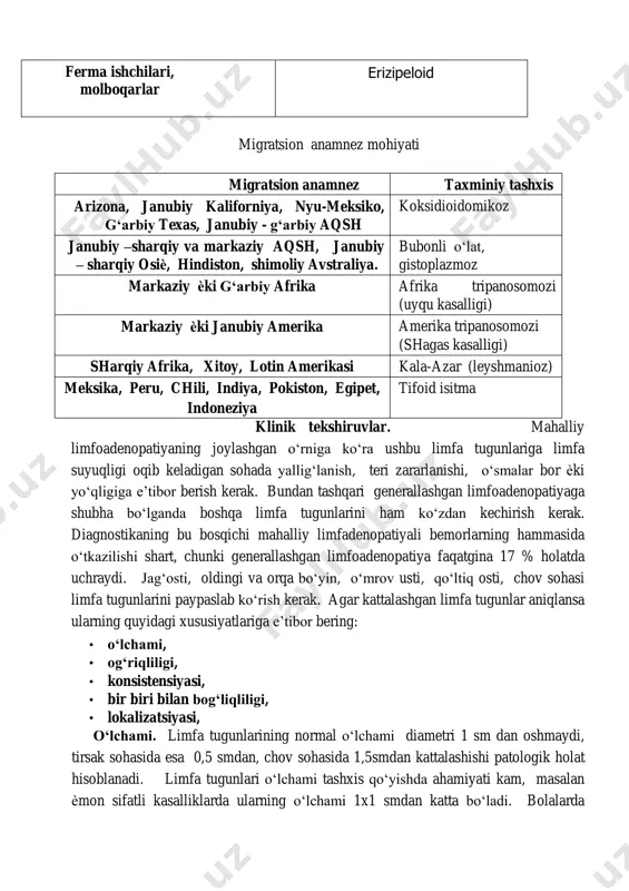 unlarining normal o‘lchami diametri 1 sm dan oshmaydi, tirsak sohasida esa 0,5 smdan, chov sohasida 1,5smdan kattalashishi patologik holat hisoblanadi. limfa tugunlari o‘lchami tashxis qo‘yishda ahamiyati kam, masalan ѐmon sifatli kasalliklarda ularning o‘lchami 1x1 smdan katta bo‘ladi. bolalarda quloq, tomoq, burunda shamollash kuzatilmay, limfa tugunining diametri 2 smdan oshishi, o‘pka rentgenografiyasida o‘zgarishlar bo‘lishi granulѐmatoz jaraѐn (mas. tuberkulѐz, mushuk tirnashi kasalligi, sarkoidoz)ga ѐki xavfli kasalliklar (limfoma)ga asos bo‘ladi. og‘riqliligi. limfa tugunining tez kattalashishi uning kapsulasi taranglashishiga olib keladi, natijada og‘riq hissi paydo bo‘ladi. bundan tashqari og‘riq yiringli yallig‘lanishda ham kuzatiladi, ammo xavfli kasalliklarda tugun markazidagi nekrotik to‘qimaga qon quyilishida og‘riq seziladi. og‘riqning bor ѐki yo‘qligi yaxshi va ѐmon sifatli kasallikni farqlashda asos bo‘la olmaydi. konsistensiya. limfa tuguni rakli zararlanishda toshsimon zich, metastatik xarakterda bo‘ladi. zich, elastik tugunlar esa limfoma uchun xos. yumshoq limfa tugunlar ko‘pincha infeksion yallig‘lanish oqibatida yuzaga keladi. agar yiringlasa tugunda flyuktuatsiya kuzatiladi. ―kartechsimon‖ termini bir qancha mayda limfa …