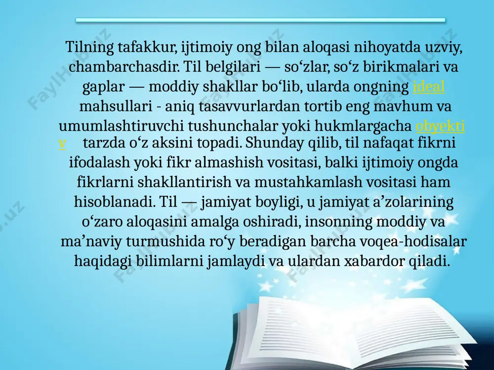 r hozirgi o‘zbek adabiy tilining namunalari hisoblanadi. o‘zbek tili xi asrdan boshlab mustaqil til sifatida shakllana boshladi va xiii asrda eski o‘zbek adabiy tili shakllanib bo‘ldi. eski o‘zbek tilining rivoji buyuk alisher navoiyning nomi bilan bog‘liqdir. u eski o‘zbek tilining keng imkoniyatlaridan foydalangan holda ajoyib asarlar yaratibgina qolmasdan, bu tilni ilmiy jihatdan chuqur tadqiq qiluvchi „muhokamat-ul-lug‘atayn“ nomli yirik ilmiy asar ham yozdi va unda o‘zbek tilining boshqa tillardan hech kam emasligini ishonarli misollar bilan isbotlab berdi. alisher navoiydan keyin yaratilgan prozaik asarlar va ba’zi dostonlarda eski o‘zbek tilining an’anaviy nomlaridan uzoqlashish, xalq tiliga yaqinlashish tendensiyasini ko‘ramiz. zaxiriddin muhammad boburning “boburnoma” asari, muhammad solihning “shayboniynoma”, gulxaniyning “zarbulmasal” asari, fazliyning “majmuatush shuaro” tazkirasi shunday xususiyatiga egadir. til har bir millatning koʻzgusi, uning haqiqiy sarchashmasidir. til bor ekan, millat barhayotdir. tilni onaga qiyoslanishi bejiz emas, inson oʻz onasini koʻrmasdan, uning sof muhabbatini, mehrini tuymasdan yashay olishi mumkin emas. bu fikrimizning isboti sifatida oʻzbekiston …