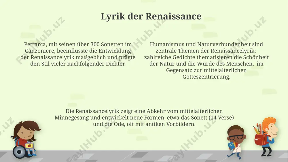 vertreter der deutschen prosa dieser zeit, wie etwa sebastian brant mit seinem "narrenschiff" (1494), kombinierten didaktische elemente mit volkstümlichen erzählformen. die entwicklung der prosa im 15. jahrhundert zeigt einen starken anstieg an erzählenden werken, etwa 30%, verglichen mit dem vorherigen jahrhundert, was die wachsende nachfrage nach unterhaltungsliteratur widerspiegelt. das erbe der renaissance-literatur die entwicklung des neuhochdeutschen schriftdeutsch beeinflusste die verbreitung von renaissance-texten erheblich, etwa durch die verbreitung von druckwerken ab dem 15. jahrhundert. das erbe der renaissance-literatur umfasst über 300 jahre literarische produktion, prägend für spätere epochen wie barock und aufklärung. humanistische ideale, wie individualismus und der fokus auf das antike erbe, sind in über 2000 erhaltenen werken der renaissance-literatur nachweisbar. bedeutende autoren englands william shakespeare schrieb über 38 dramen, darunter 17 komödien, 10 tragödien und mindestens 15 historiendramen, die die englische sprache und literatur nachhaltig prägten. john milton, autor des epischen gedichts "paradise lost", verfasste auch wichtige politische pamphlete …