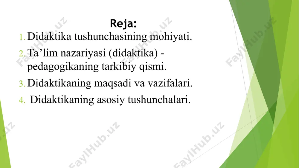 munosabat — ikki shaxs (o’quvchi va o’qituvchi) o’rtasidagi munosabatlar yetakchi o’rin egallashi lozim ekanligi anglanadi. didaktika predmetining mohiyatini ochishga xizmat qiluvchi yana bir qarash ta’lim-tarbiya jarayonini yaxlit o’rganish zarurligini ilgari suradi. ta’limning tarbiyaviy vazifalari o’quvchining bilimni o’zlashtirishlarini ta`minlabgina qolmay, shaxs xususiyati, uning rivojlanishi, ma`lum ma`naviy-axloqiy sifatlarni o’zlashtirishi, fe’l-atvori, xulqini tarbiyalash uchun zarur shart-sharoitni yaratishdan iborat. didaktikaning vazifalari quyidagilardan iborat: ta’lim jarayonlari va ularni amalga oshirish shartlarini ta`riflash va tushuntirish; ta’lim jarayonini yanada mukammal tashkil etish, ya`ni, ta’lim tizimlari va texnologiyalarini ishlab chiqish; ta’lim jarayoni uchun xos bo’lgan umumiy qonuniyatlarni aniqlash, omillarini tahlil qilish va ta`riflash. o’qitish jarayonining mohiyati insonning faoliyatida o’qitish har doim juda muhim ahamiyatga ega bo’lgan. ta’lim tasodifiy, intiutiv xususiyatga ega bo’lganda ham va asosan tasodifan axborotlarni berish hamda taqlid qilishdan iborat bo’lganda ham shunday bo’lgan; keyinchalik ham, ta’lim maqsadga muvofiq muntazam va rejalashtirilgan jarayonga aylanganda, maktab paydo bo’lganida ham shunday bo’lgan. biroq uzoq vaqt davomida ta’limni nazariy …