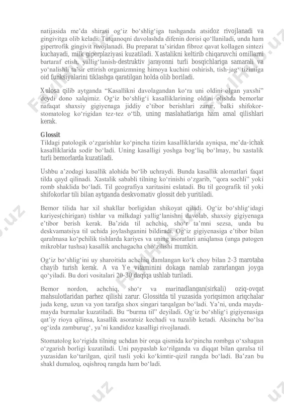 ye vitamini qon aylanishiga, milkning kollagen va elastiklik tolalari tuzilishiga yaxshi ta’sir qiladi. organizm reaktivligining susayishi (immunitet) parodont to‘qimalarida fizik va kimyoviy o‘zgarishlar paydo bo‘ladi. natijada qon tomirlar o‘tkazuvchanligi ham buziladi. qon aylanishi va to‘qimalardagi moddalar almashinuvi izdan chiqadi. bu kasallikning kelib chiqishida endokrin o‘zgarishlar ham muhim o‘rin tutadi. qandli diabetda parodont to‘qimalarida angiopatik o‘zgarishlar ro‘y beradi (qon aylanishi buziladi). qon kasalliklari va qon ishlash tizimi kasalliklari parodont to‘qimalarida distrofik o‘zgarishlar paydo qiladi, bu esa milk qirrasining giperplaziya(shishib chiqishi, yallig‘lanib kengayishi) bilan ifodalanadi. milk patologiyasining rivojlanishida genetik moyillikning ham ahamiyati katta. dorivor moddalarni pala-partish qabul qilish (immunodepressantlar, gidantoin) ham milk kasalligining keltirib chiqaradi. simob, qo‘rg‘oshin, yod, alyuminiy, rux kabi metallardan zaharlanishda umumiy holsizlik, ya’ni bosh og‘rig‘i, qorindagi og‘riqlar bilan birgalikda kataral gingivit, yarali gingivit, stomatit ham kuzatiladi. homilador ayollarda gipertrofik gingivitlarning rivojlanishi sababi bu davrda sariq tana tomonidan gormonlarning ishlab chiqilishidir. gipertrofik gingivit (milk kattalashgani) asosan homiladorlikdan avval milk yallig‘langanda …