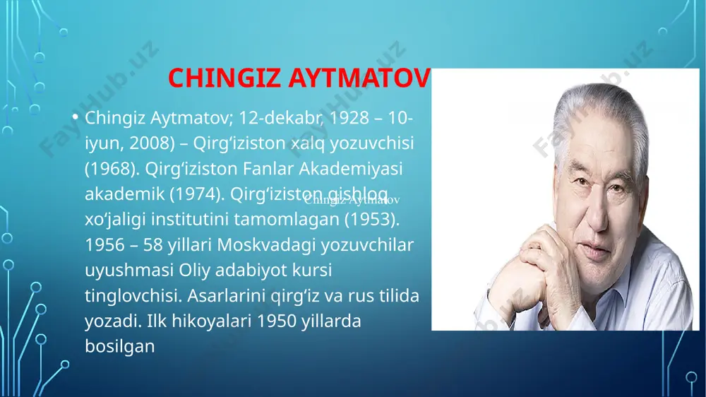 xdor ona bug'ini shoxlarini chopayotgani, kallaga bolta bilan urgani va bug'ining ko'zi oqib tushganini korgan joyi. asardagi yechim bolaning o'limi. asardagi folklore namunalari maqol: puli yo’qning xaridi yo’q, yo’qni yo’ndirib bo’lmaydi, o’z bolang bolmasa- bir balo, bolangda bola bo’lmasa- ming balo. rivoyat: shoxdor ona bug’i afsona: san- tosh afsonasi asardan olingan ta’surot mening asardan olgan ta'surotim juda katta, avvalom bor yaxshilik va yomonlik,ezgulik va yovuzlikni, halol va haromni o'randim. tabiatni sevishni insonlarga yaxshilik qilishni,chidamlilikni , sabrni va yana boshqa kop narsalarni o'zimga hulosa qlildim. yozuvchi shu bita bola nigohida butun bir dunyoni kirdikorlarini ochib bergandek bo'ldi. bola bu nopok dunyoga sig'madi. venn diagrammasi mo'min chol-sodda rahimdil,mehnatkash,jonkuyar,ishonuvchan,qalbi pok. bola-aqilli,serg'ayrat,sodda,qalbi pok,itoatkor,ishonuvchan,rahimdil o'xshashliglari sodda,mehnatkash,rahimdil,hayol farast @bek/nurboyev image2.png image3.jpg image4.jpg image5.jpg image6.jpg image7.jfif image8.jfif image9.jfif image10.jfif image11.jfif image12.jfif image13.jpg image14.jfif /docprops/thumbnail.jpeg