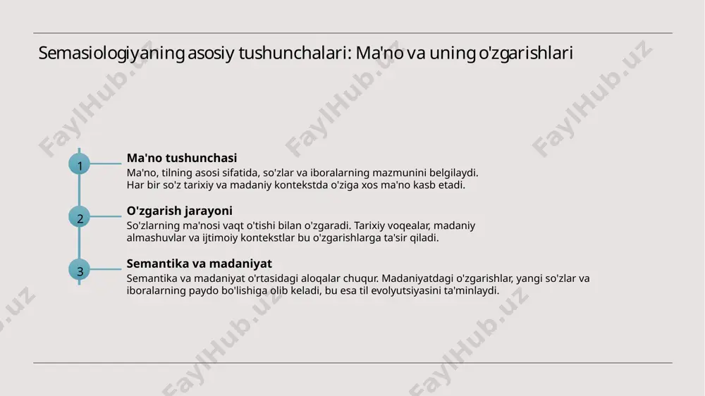 ma'nosi va ularning madaniy kontekstdagi o'zgarishlarini aniqlashga yordam beradi, bu esa tilni chuqurroq tushunishga olib keladi. lug'at evolyutsiyasida madaniy ta'sirlar va ularning ahamiyati. 1 madaniyat va lug'at madaniyat, lug'atning evolyutsiyasiga katta ta'sir ko'rsatadi, so'zlar va iboralarning ma'nosini o'zgarishiga sabab bo'ladi. 2 tarixiy kontekst tarixiy kontekst, madaniyatning rivojlanishi va tarixiy voqealar bilan bog'liq bo'lib, lug'atdagi yangi ma'nolarni shakllantiradi. 3 o'zbek tilidagi o'zgarishlar o'zbek tilida tarixiy va madaniy ta'sirlar natijasida ko'plab yangi so'zlar va iboralar paydo bo'lib, ularning ma'nosi o'zgaradi. semantik o'zgarishlar: tarixiy kontekst va zamonaviy misollar. 1 tarixiy kontekst - semantik o'zgarishlar tarixiy kontekstda rivojlanadi. tarixiy voqealar va ijtimoiy omillar so'zlarning ma'nosiga kuchli ta'sir ko'rsatadi. 2 zamonaviy misollar - bugungi kunda ijtimoiy tarmoqlar va texnologiyalar so'zlar va iboralar ma'nolarini o'zgartirmoqda. misol uchun, "like" so'zi ijtimoiy tarmoqda yangi ma'no kasb etgan. 3 madaniyat va semantika - madaniyat va urf-odatlar semantik o'zgarishlarga sabab bo'ladi. o'zbek tilida, masalan, "oila" so'zining ma'nosi zamonaviy o'zgarishlar bilan …