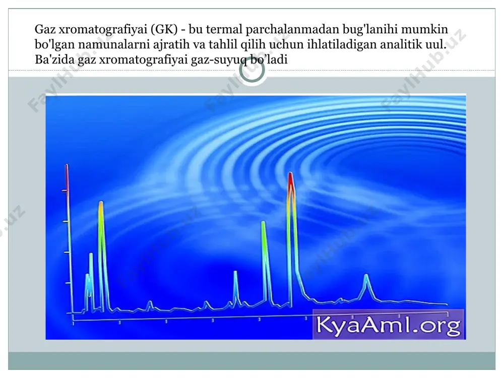anadi. namuna erituvchi bilan aralashtiriladi va gaz xromatografiga aok qilinadi. odatda namuna hajmi kichik - mikrolitr oralig'ida. namuna suyuqlik sifatida boshlangan bo'lsa-da, u gaz fazasiga bug'lanadi. xromotograf orqali inert tashuvchi gaz ham oqmoqda. ushbu gaz aralashmaning har qanday tarkibiy qismlari bilan reaksiyaga kirishmasligi kerak. umumiy tashuvchi gazlarga argon, geliy va ba'zan vodorod kiradi. namuna va tashuvchi gaz isitiladi va uzun trubka ichiga kiradi, u odatda xromatograf o'lchamini boshqarish uchun o'raladi. naycha ochiq bo'lishi mumkin (quvurli yoki kapillyar deb ataladi) yoki bo'lingan inert qo'llab-quvvatlovchi material bilan to'ldirilgan bo'lishi mumkin (qadoqlangan ustun). tarkibni yaxshiroq ajratish uchun kolba uzun. naychaning uchida detektor bor, u unga urilgan namuna miqdorini qayd etadi. ba'zi hollarda, namunani ustun oxirida ham tiklash mumkin. detektordan olingan signallar x o'qi bo'yicha detektorga etib borgan namunaning miqdori va umuman x o'qidagi detektorga qanchalik tez yetganligini ko'rsatadigan xromatogramma grafigini yaratish uchun ishlatiladi. ). xromatogrammada bir qator tepaliklar ko'rsatilgan. cho'qqilarning kattaligi har bir …