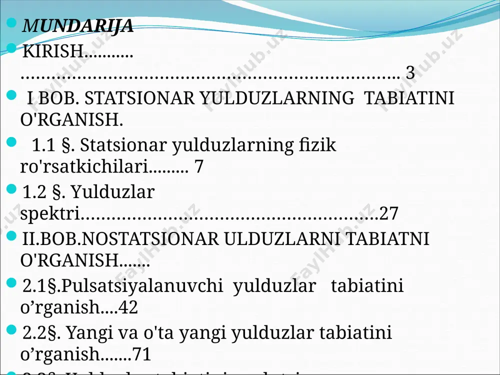 nish....... yorug’ligi va spektri fizik jarayonlar natijasi- da o’zgarib turuvchi yulduzlar nostatsionar yulduzlar deb ataladi. turlari: pulsatsiyanalanuvchi spektrida yorug’ emission chiziqli chaqnovchi mitti yulduzlar yangi va o’ta yangi yulduzlar. pulsatsiyalanuvchi yulduzlar tabiatini o’rganish sefeidlar sumbulaning w –si liridlar o’xshash 0.1(m)< δm< 2.0(m) t 1 - 70 sutka m= -3 (m) 2 yangi va o'ta yangi yulduzlar tabiatini o’rganish qisqa vaqt (1-2 kun) ichida yorug’ligini minglab yoki millionlab marta o’zgarib yuboradigan ,ungacha hech qanday ko’rsatgichi bilan ko’zga tashlanmaydigan, chaqnash paytida esa atrofdagi yulduzlar orasida yaqqol ko’rinadigan yulduzlar yangi yoki o’tayangi yulduzlar deb ataladi. yangi o,b-sinf havo rang mitti m=-8, -14 (m) ota yangi (sn) m=-15 (m) 1885 eylda andromeda tumanligida gallaktika yorug’ligi = yulduzlar tabiatini evolutsion jarayoni . yulduz evolutsiyasi jarayonida ularning fizik xarakteristikalari ,ichki tuzilishi, kimiyoviy tarkibi vaqt bo'yicha o'zgarib ketadi. statsionar holatlardagi yulduz gidrostatik ( gravitatsion kuch ichki bosim kuchiga teng ) va energetik (atrofga sochilayotgan nuriy energiyasi yulduz …