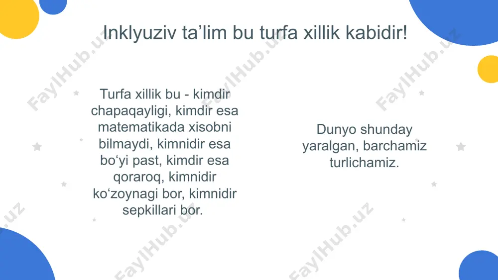 g esa integratsiyadan inklyuziyaga o‘tish yo‘lini kuzatishimiz mumkin.” o‘zbekiston prezidenti shavkat mirziyoyev 2022-yil 3-dekabr — xalqaro nogironlar kuni munosabati bilan mamlakat xalqiga murojaatida «inklyuziv jamiyatni barpo etish bo‘yicha kompleks chora-tadbirlarni amalga oshiramiz» — o‘zbekiston prezidenti «ishontirib aytamanki, sizlar o‘zlaringizni yolg‘iz his etmasligingiz uchun bor kuch va imkoniyatlarni safarbar etamiz», — xorij davlatlarining mashhur shaxslari franklin ruzvelt nik vuychich kristi braun shuxrat o’rinboev al-zamaxshariy orolmirzo safarov paraolimpiyada ishtirokchilari biz barchamiz tengmiz. barcha nogironlikga ega bo‘lgan bolalar biz kabi to‘laqonli ravishda ijtimoiy hayotda ishtirok etish, ta’lim olish hamda ta’lim shaklini tanlash huquqiga egalar! “ e’tiboringiz uchun rahmat! image1.png image2.png image3.png image4.png image5.png image6.jpg image7.png image8.png image9.png image10.jpg image11.jpg image12.jpg image13.jpeg image14.jpeg image15.jpeg image16.jpeg image17.jpeg image18.jpeg image19.jpeg image20.jpeg image21.jpeg image22.jpeg image23.jpeg image24.png image25.png image26.png image27.jpeg image28.jpeg image29.jpeg image30.jpeg image31.jpeg image32.jpeg image33.jpeg image34.jpeg image35.jpeg image36.jpg
