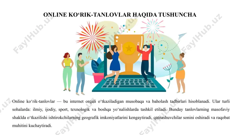 qobiliyati baholanadi.ijodiy ishlar tanlovlari – rasm, insho, hikoya, video roliklar tayyorlash orqali ishtirokchilarning san’at va adabiyotga bo‘lgan qiziqishini ochib beradi. startap va innovatsion g‘oyalar tanlovlari esa zamonaviy texnologiyalar, tadbirkorlik va muammolarga kreativ yondashuvga asoslangan loyihalarni ilgari surish imkonini beradi. axborot texnologiyalari va dasturlashga oid tanlovlar yoshlarni it sohasiga qiziqtiradi va amaliy loyihalarni ishlab chiqishga rag‘batlantiradi. psixologik baholash tanlovlari esa shaxsiy sifatlar, ijtimoiy moslashuv, yetakchilik kabi kompetensiyalarni aniqlashga xizmat qiladi. ishtirok etish bosqichlari online ko‘rik-tanlovlarda ishtirok etish bir nechta bosqichlardan iborat bo‘lib, har bir bosqichda qatnashuvchidan muayyan tayyorgarlik va mas’uliyat talab etiladi. dastlab tanlov tashkilotchilari tomonidan rasmiy e’lon beriladi, unda tanlov mavzusi, muddati, ishtirok etish talablari, baholash mezonlari va mukofotlar haqida batafsil ma’lumot bo‘ladi. shu asosda ishtirokchilar onlayn ro‘yxatdan o‘tadilar, ko‘pincha shaxsiy ma’lumotlar, aloqalar va o‘qish joyi kiritiladi.keyingi bosqich – bu tanlov yo‘riqnomasini diqqat bilan o‘rganishdir. bu bosqichda ishtirokchi ish topshirish formati, texnik talablar, baholash mezonlari va muddatlar bilan tanishadi. shundan …